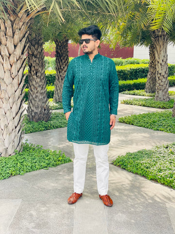 Menswear Bottle Green Chikankari Kurta Set