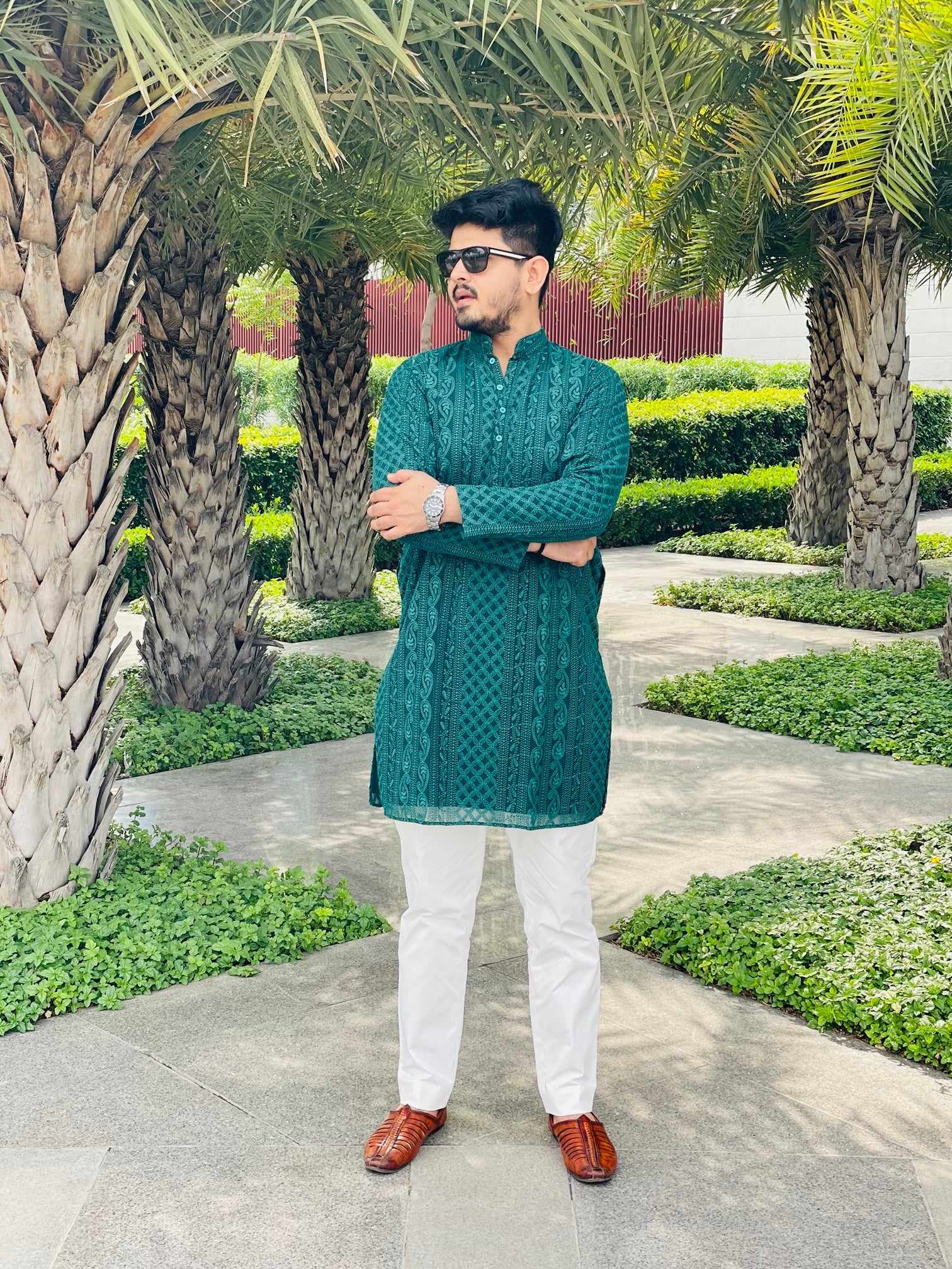 Menswear Bottle Green Chikankari Kurta Set