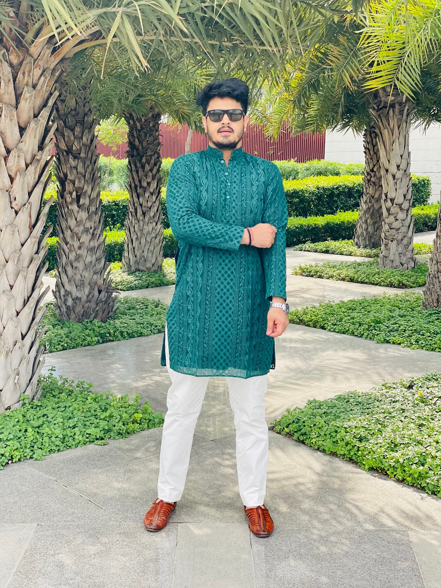 Menswear Bottle Green Chikankari Kurta Set