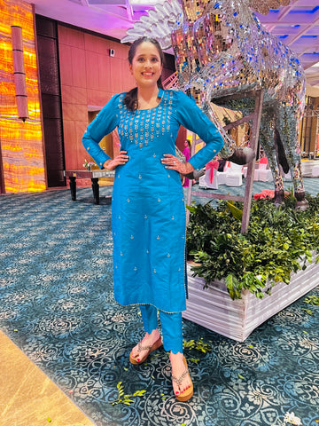 Blue Silk Embroidered Suit