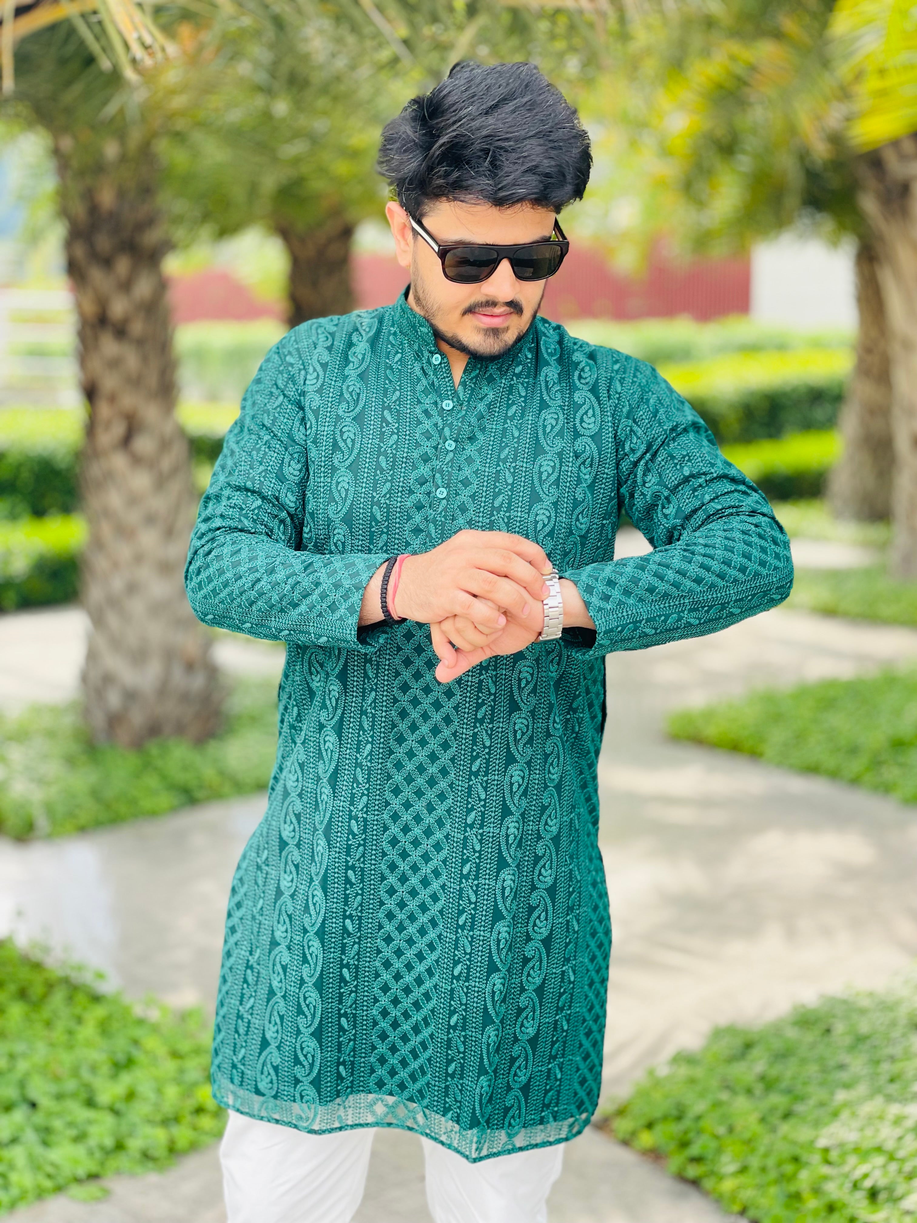 Menswear Bottle Green Chikankari Kurta Set