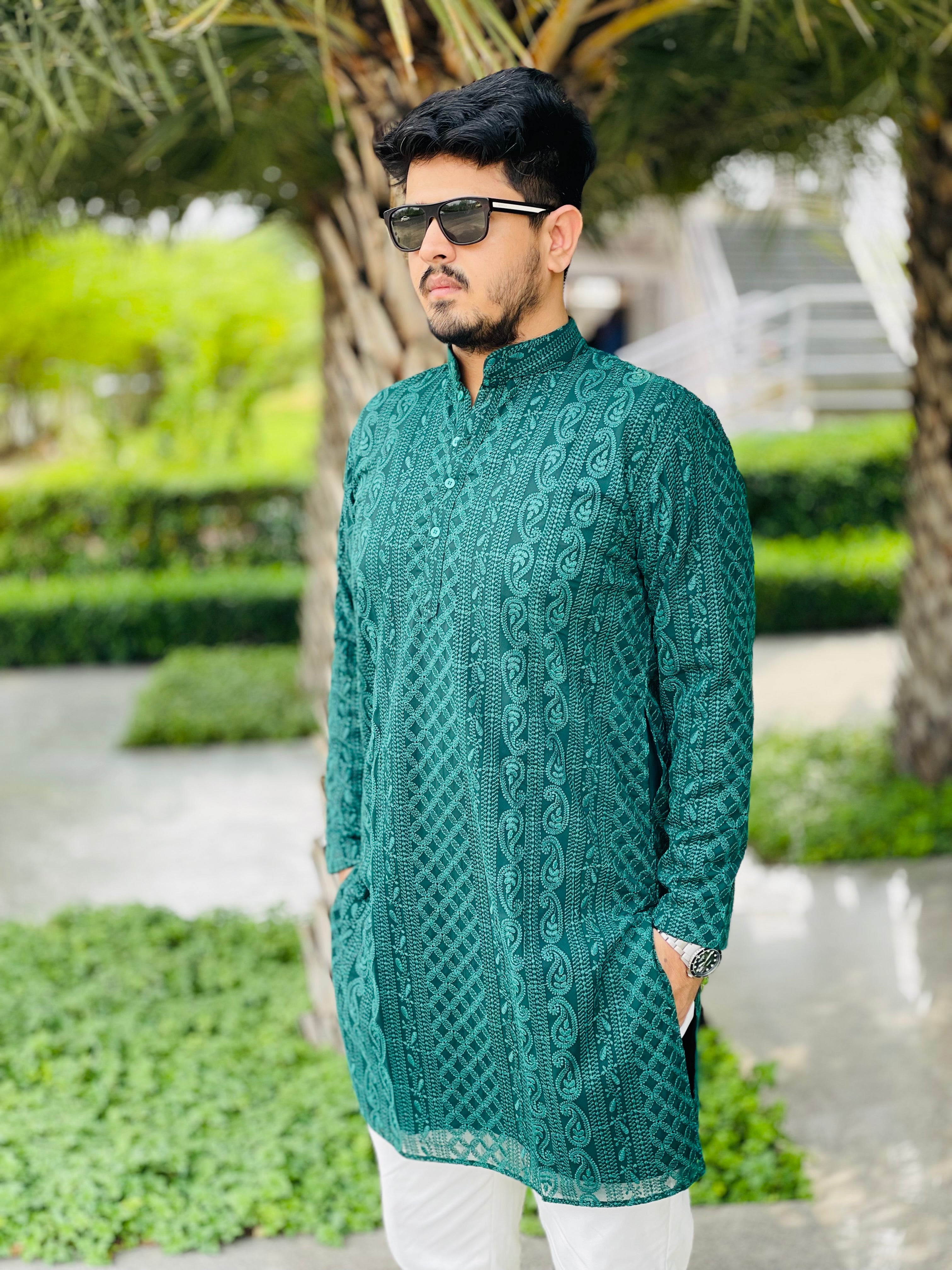 Menswear Bottle Green Chikankari Kurta Set