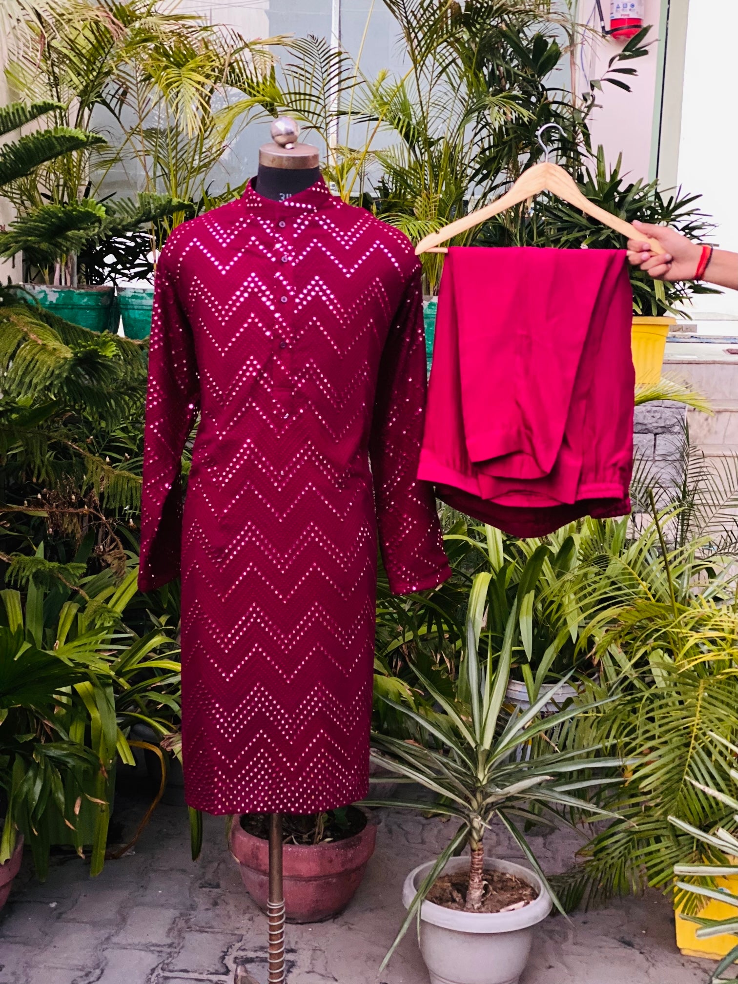 Menswear Wine Kurta With Pants