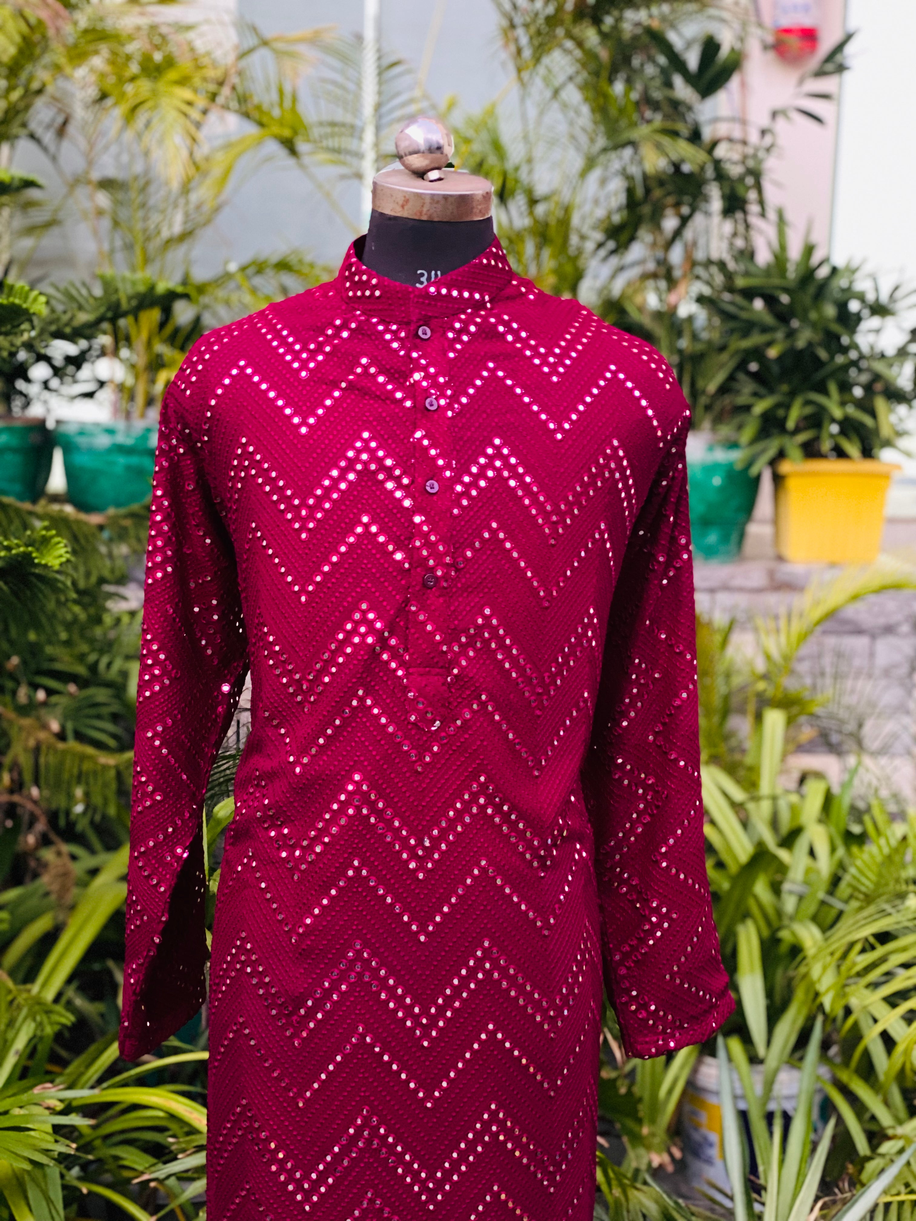 Menswear Wine Kurta With Pants