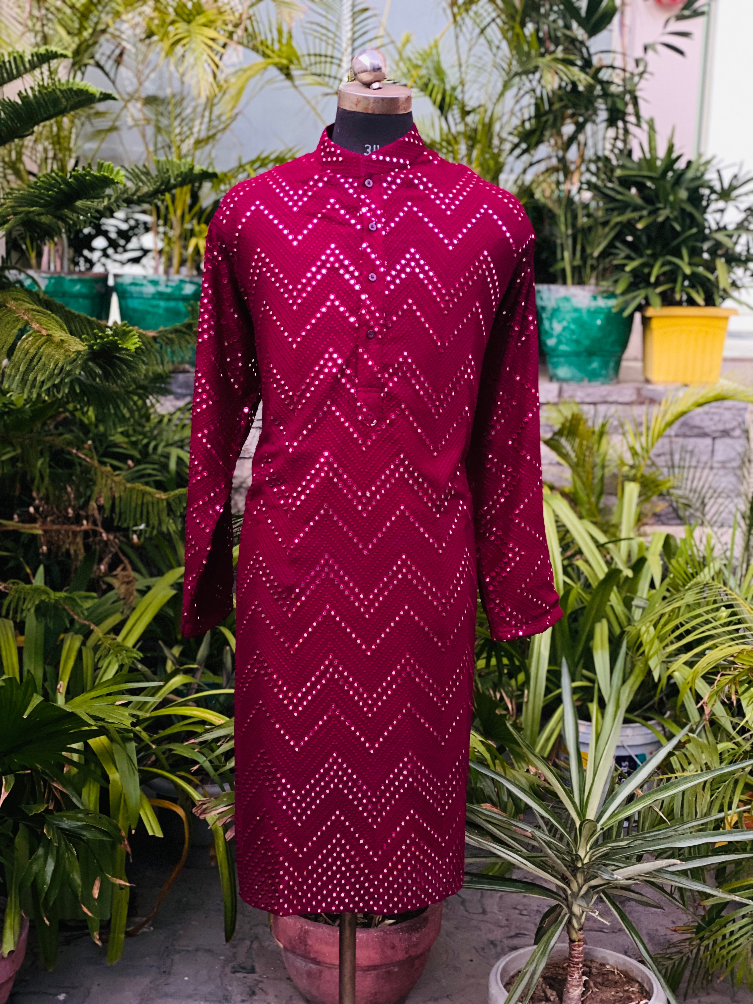 Menswear Wine Kurta With Pants