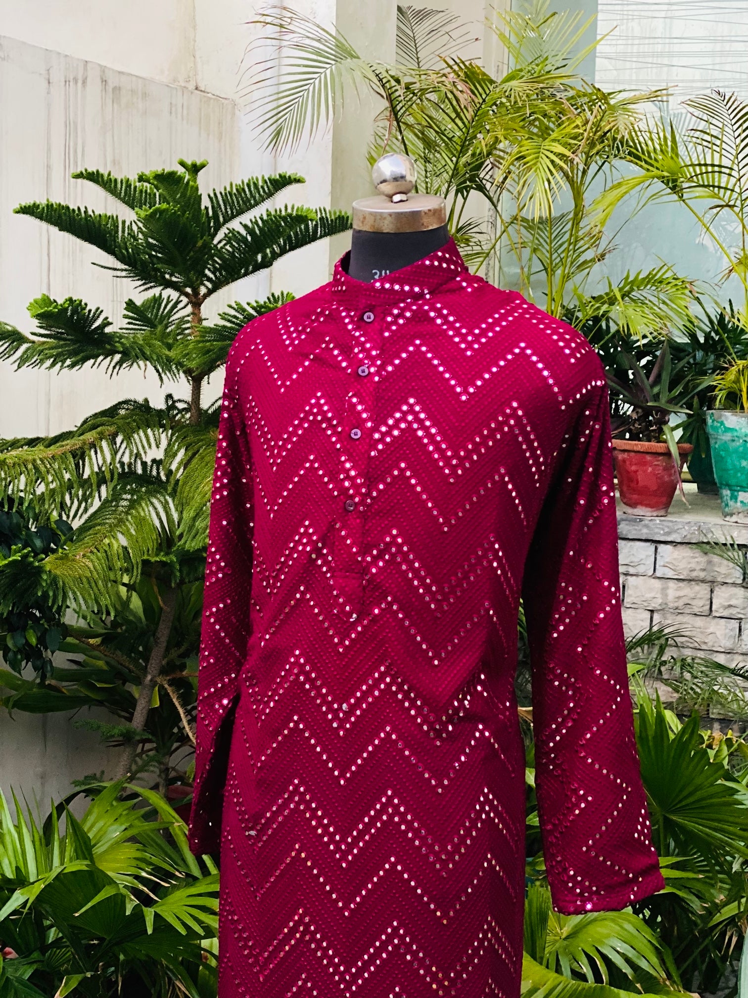 Menswear Wine Kurta With Pants