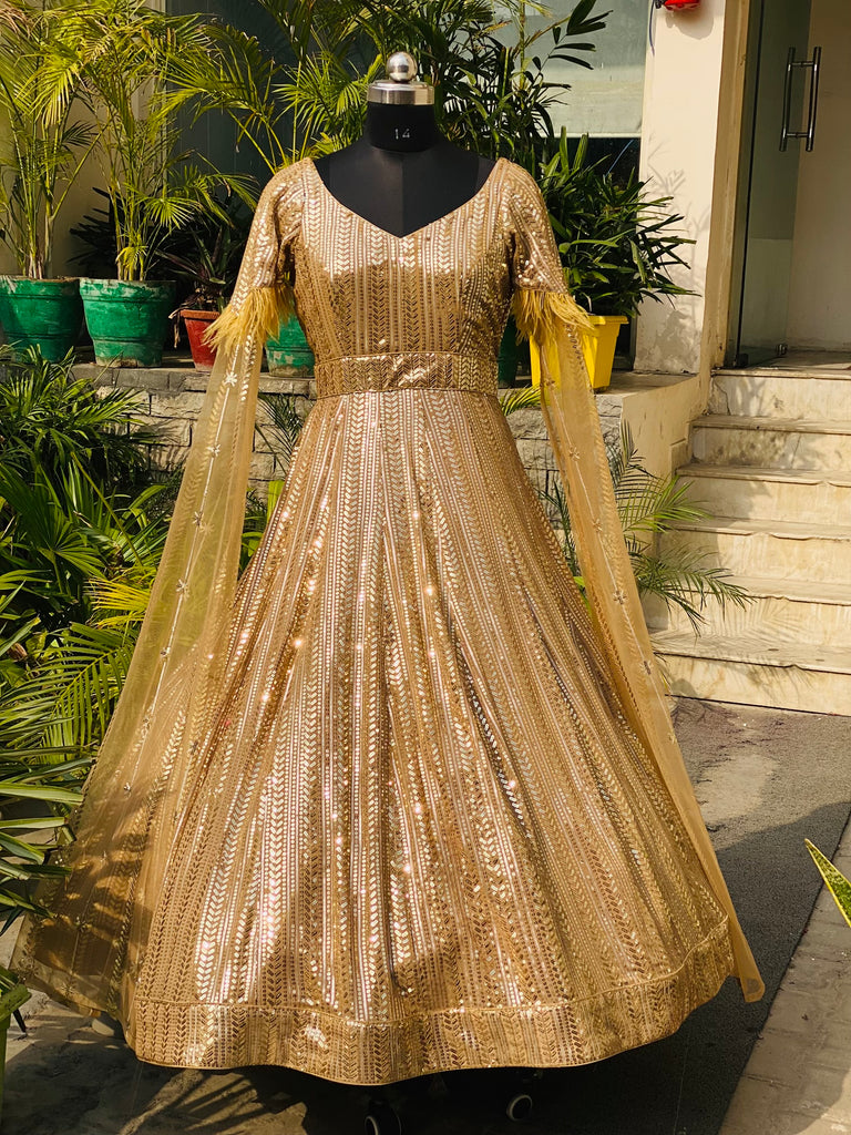 Shop Online Golden Color Chanderi Silk Traditional Designer Gown