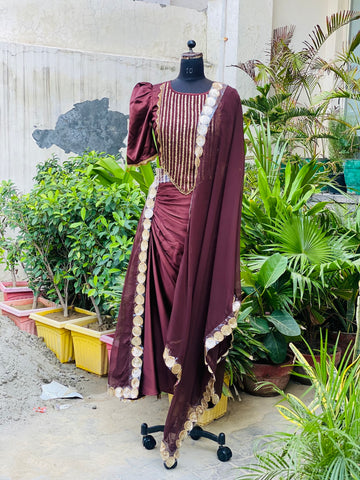 Brown Embroidered Ethnic Dhoti Saree