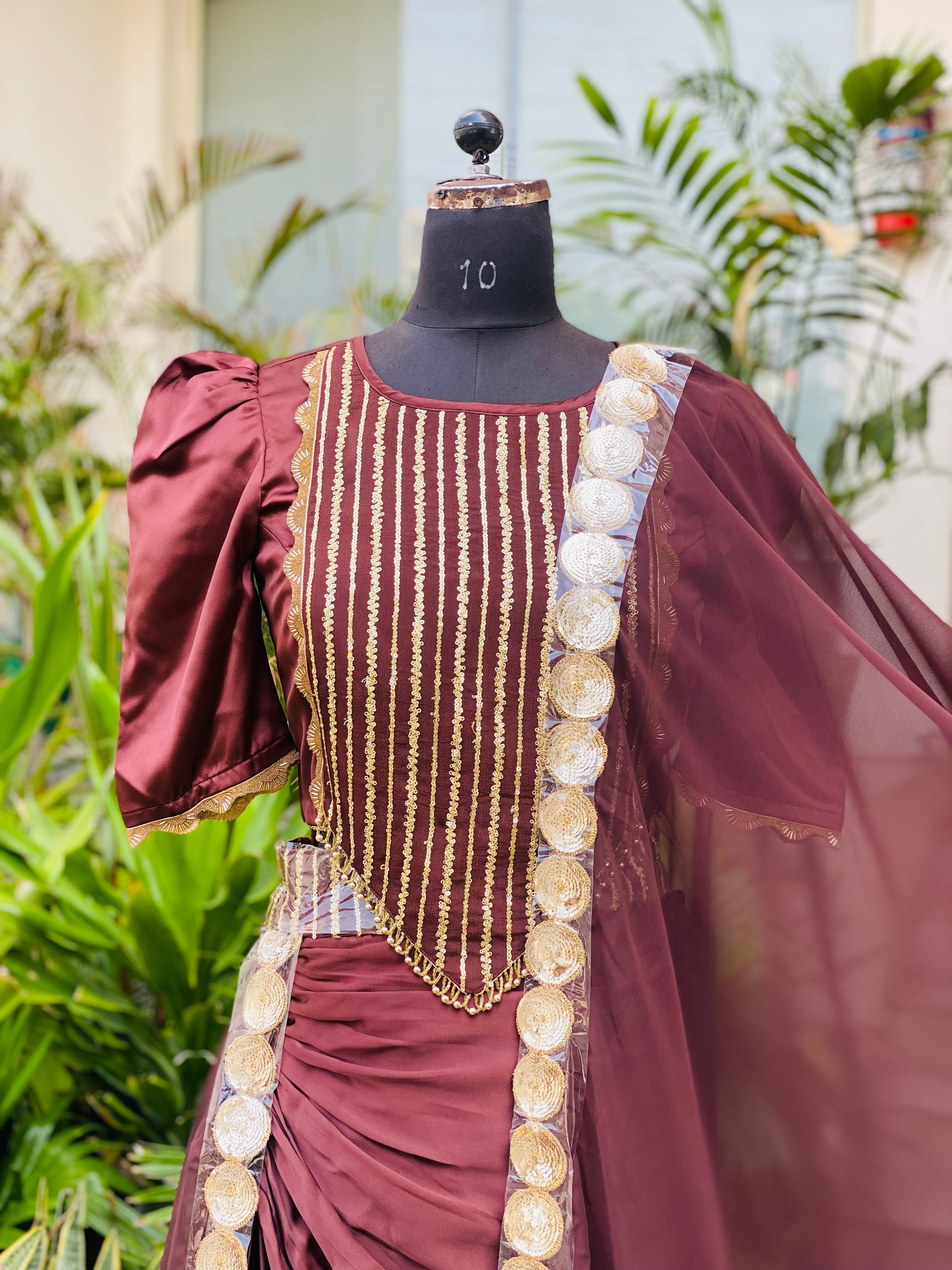 Brown Embroidered Ethnic Dhoti Saree