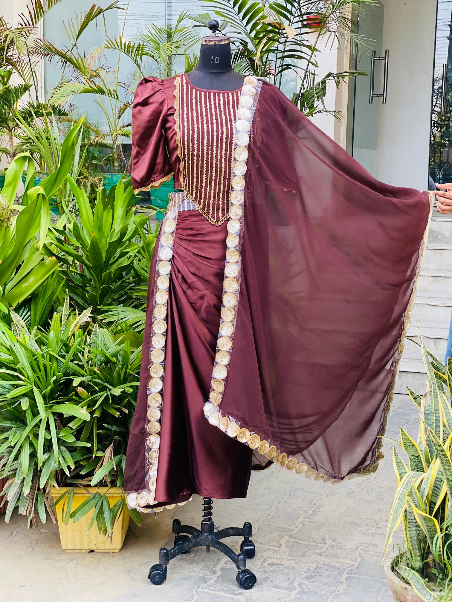 Brown Embroidered Ethnic Dhoti Saree