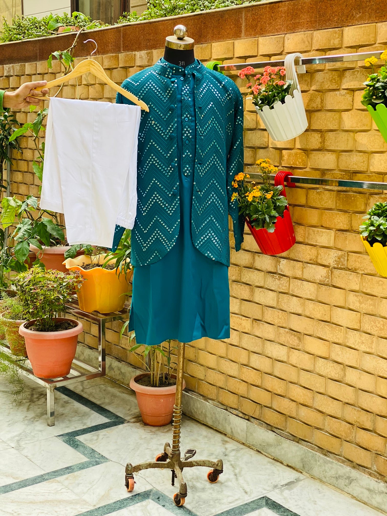 Menswear Peacock Green Kurta Set