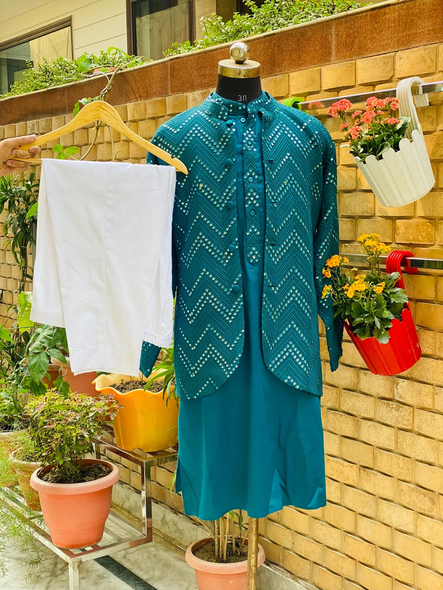 Menswear Peacock Green Kurta Set