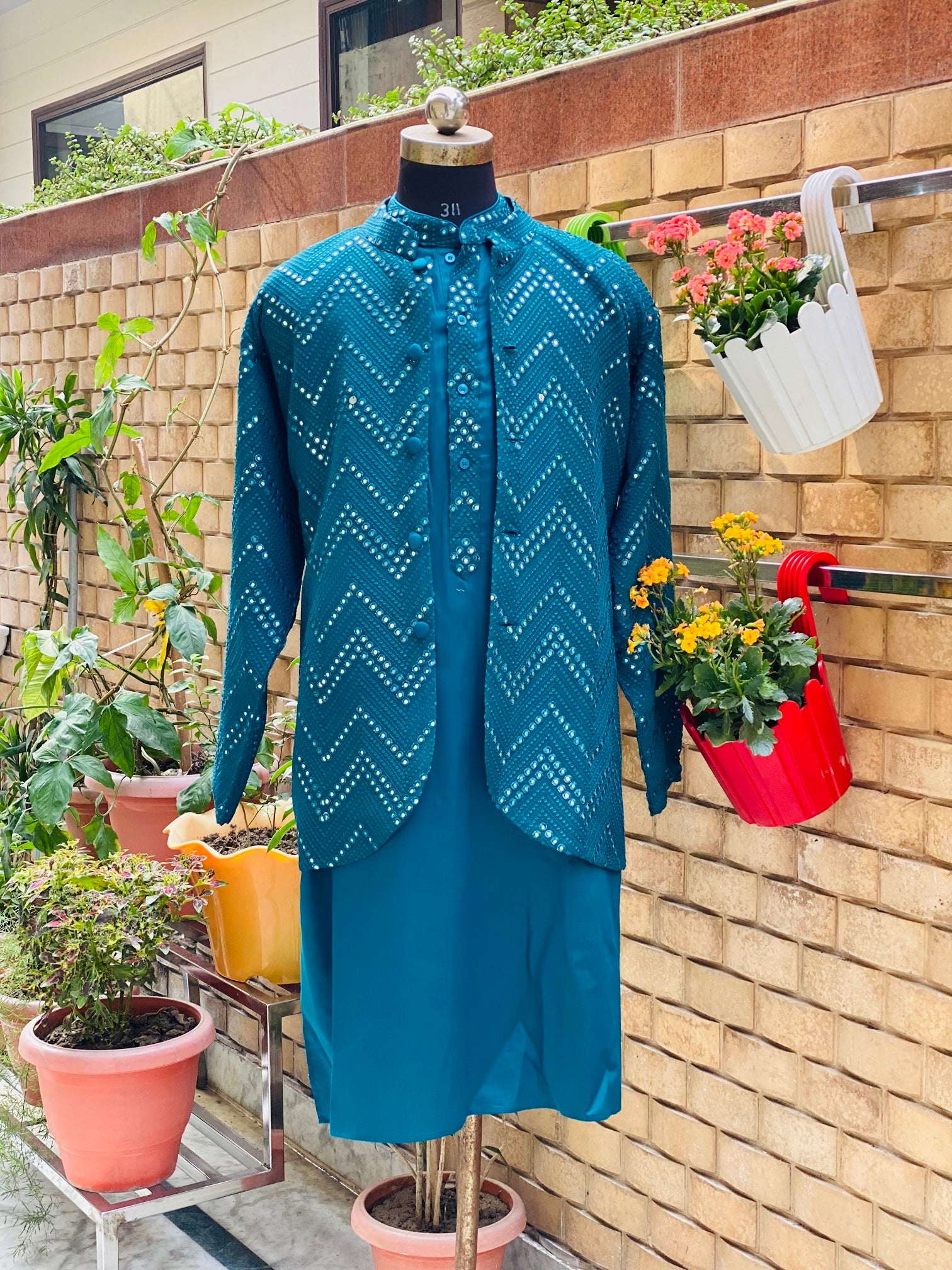 Menswear Peacock Green Kurta Set