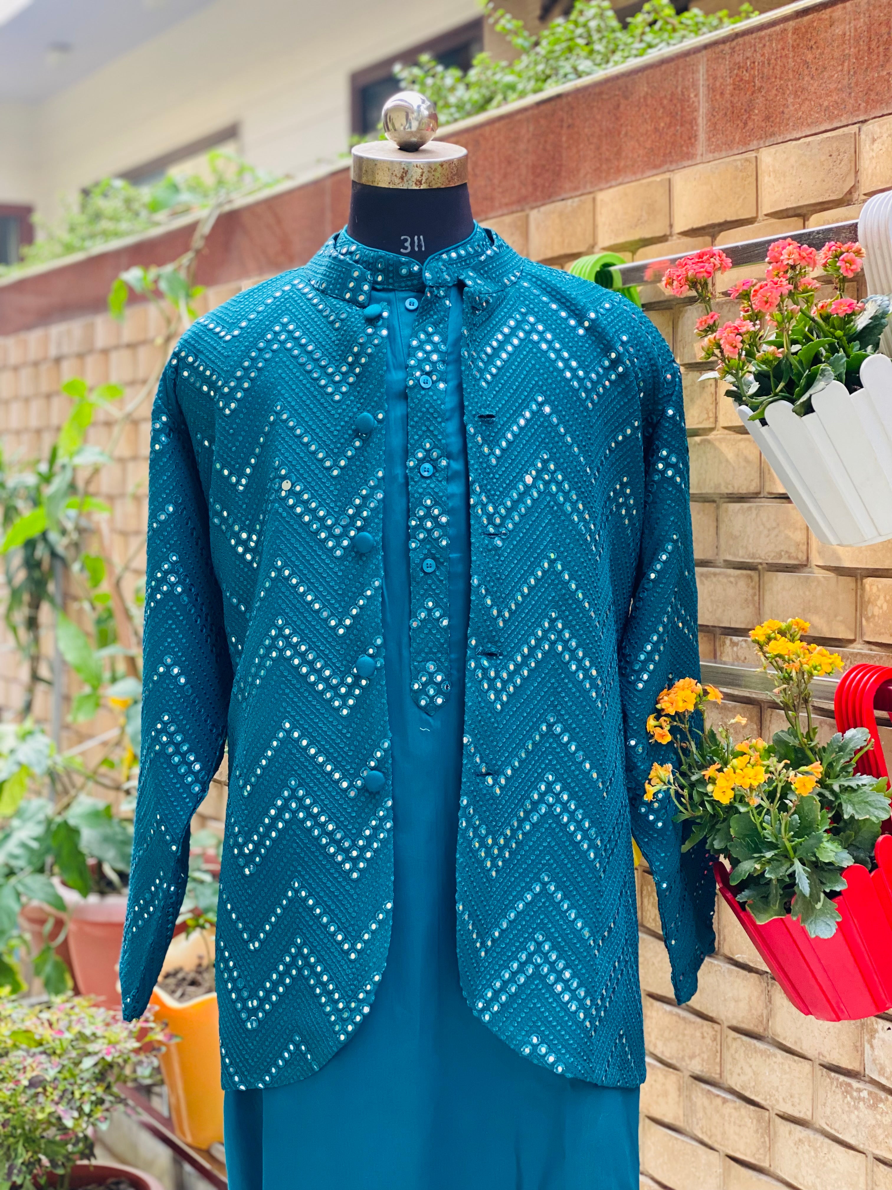 Menswear Peacock Green Kurta Set