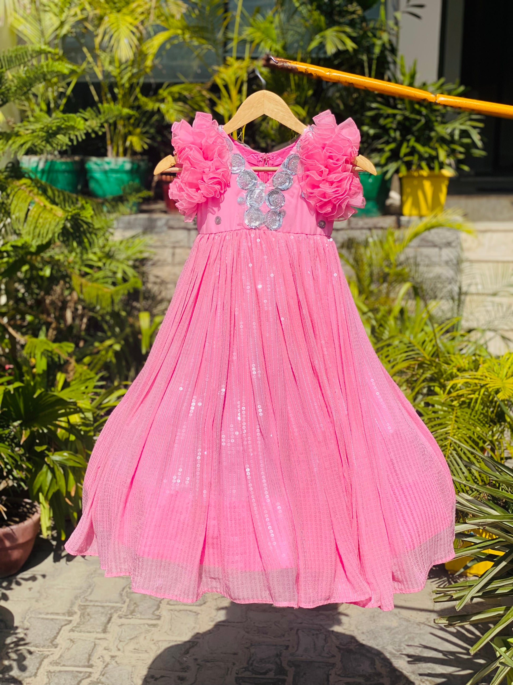 Baby Pink Ruffle & Bow Gown | Party Wear | Lakhina Couture