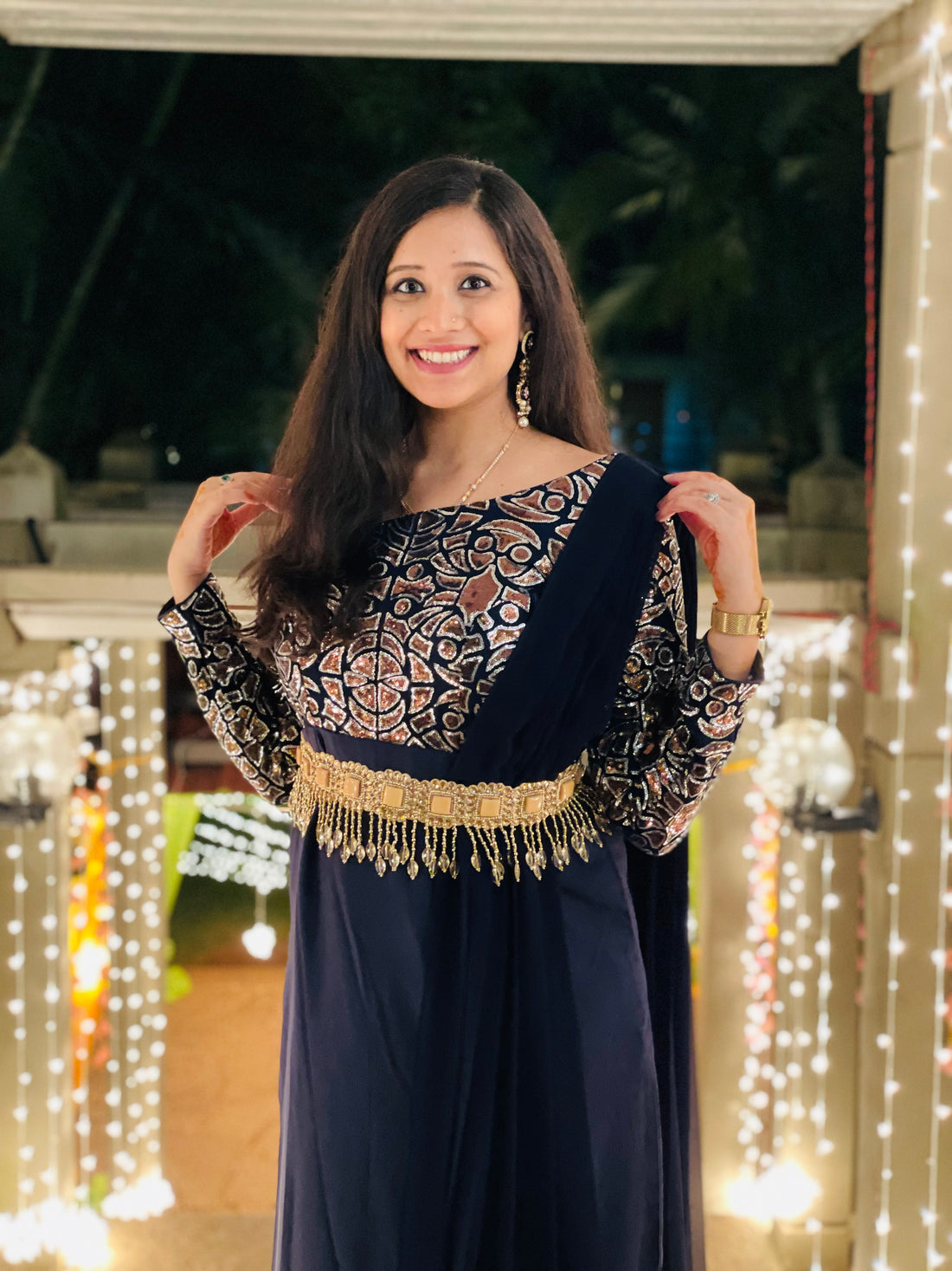 Navy Blue  Sparkling Drape Without Belt