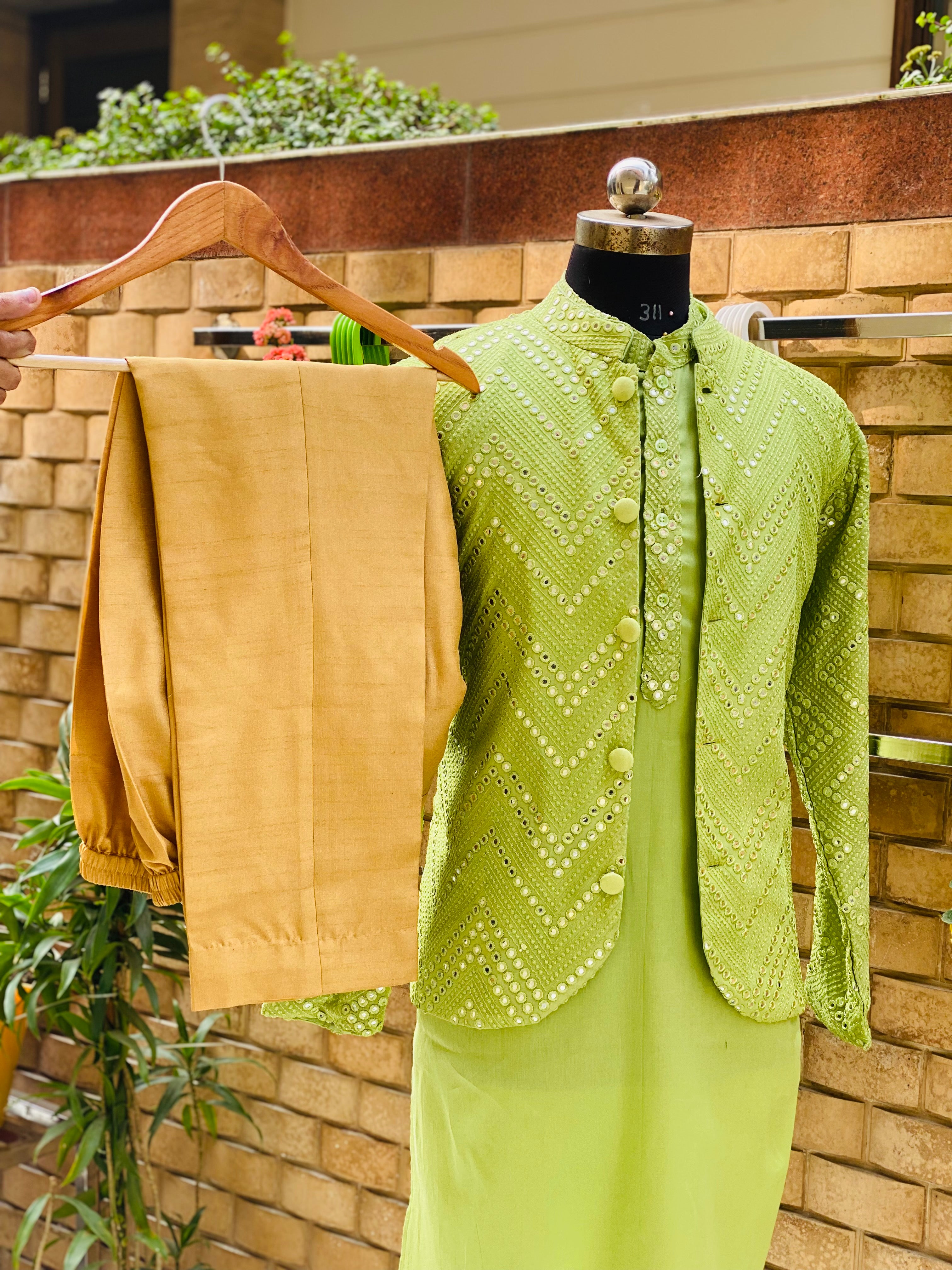 Menswear Pista Green Kurta Pajama