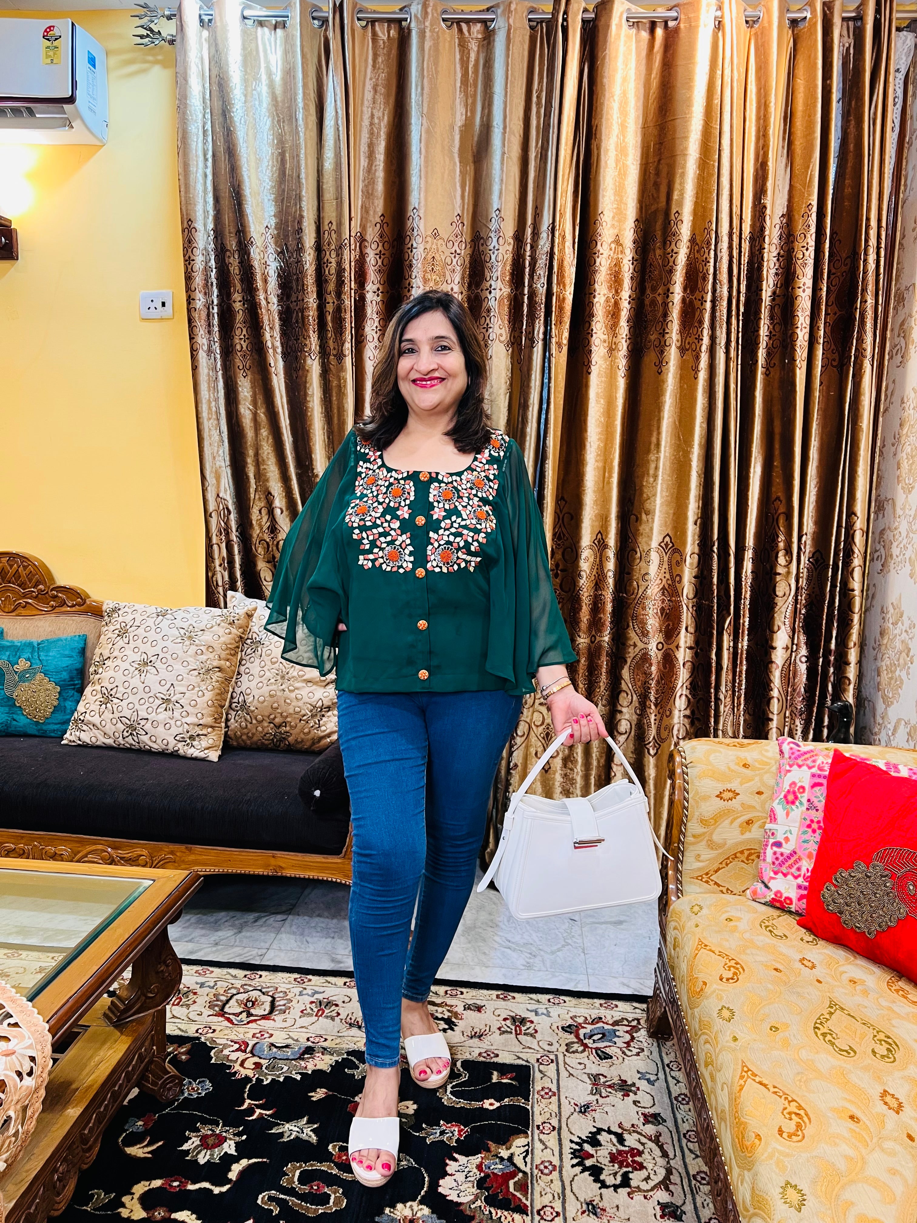 Bottle Green Floral Embroidered Top