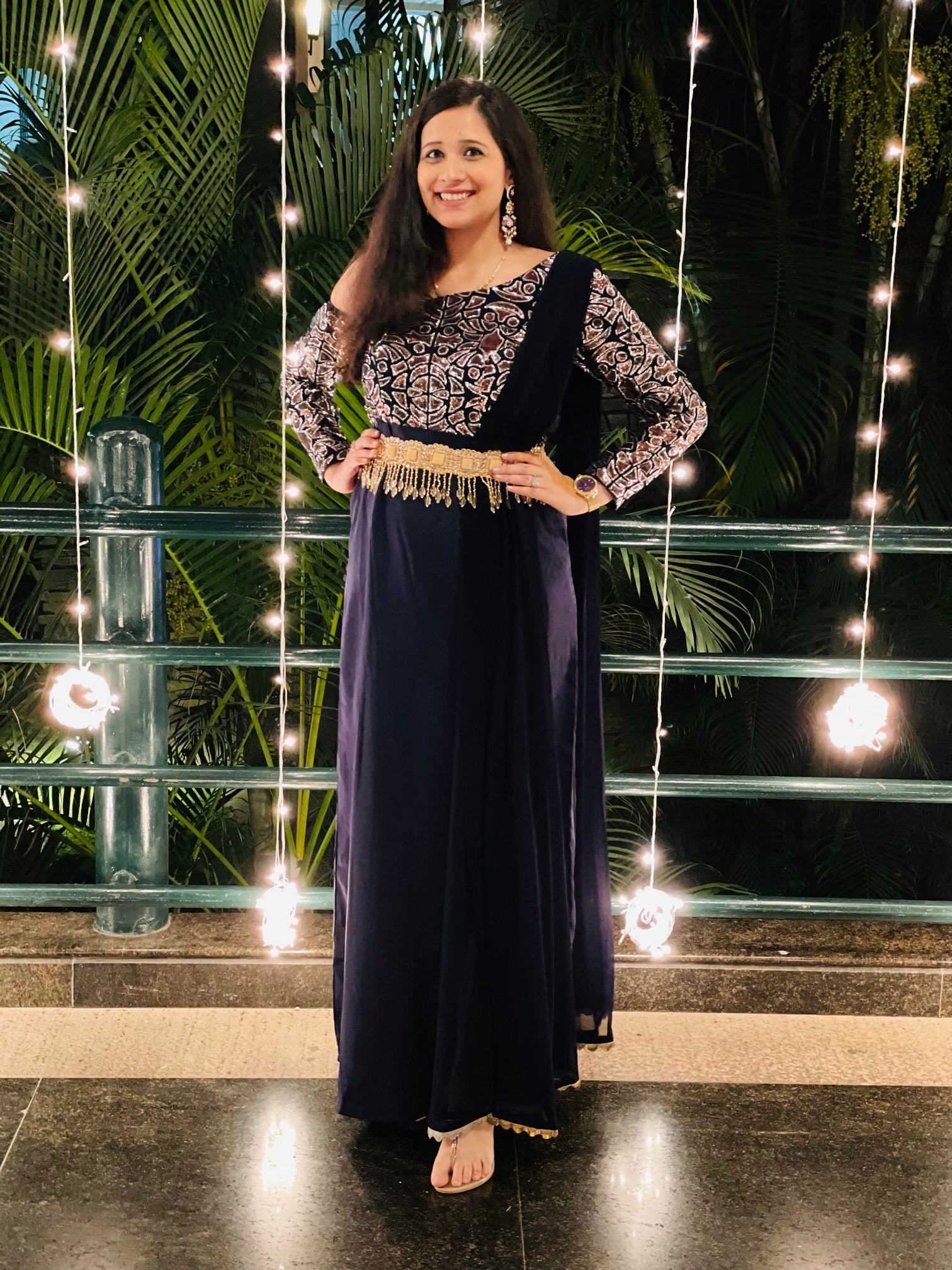 Navy Blue Sparkling Drape With Belt