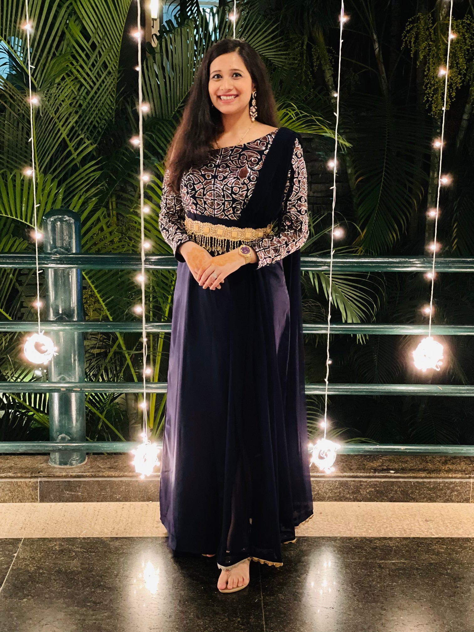 Navy Blue Sparkling Drape With Belt