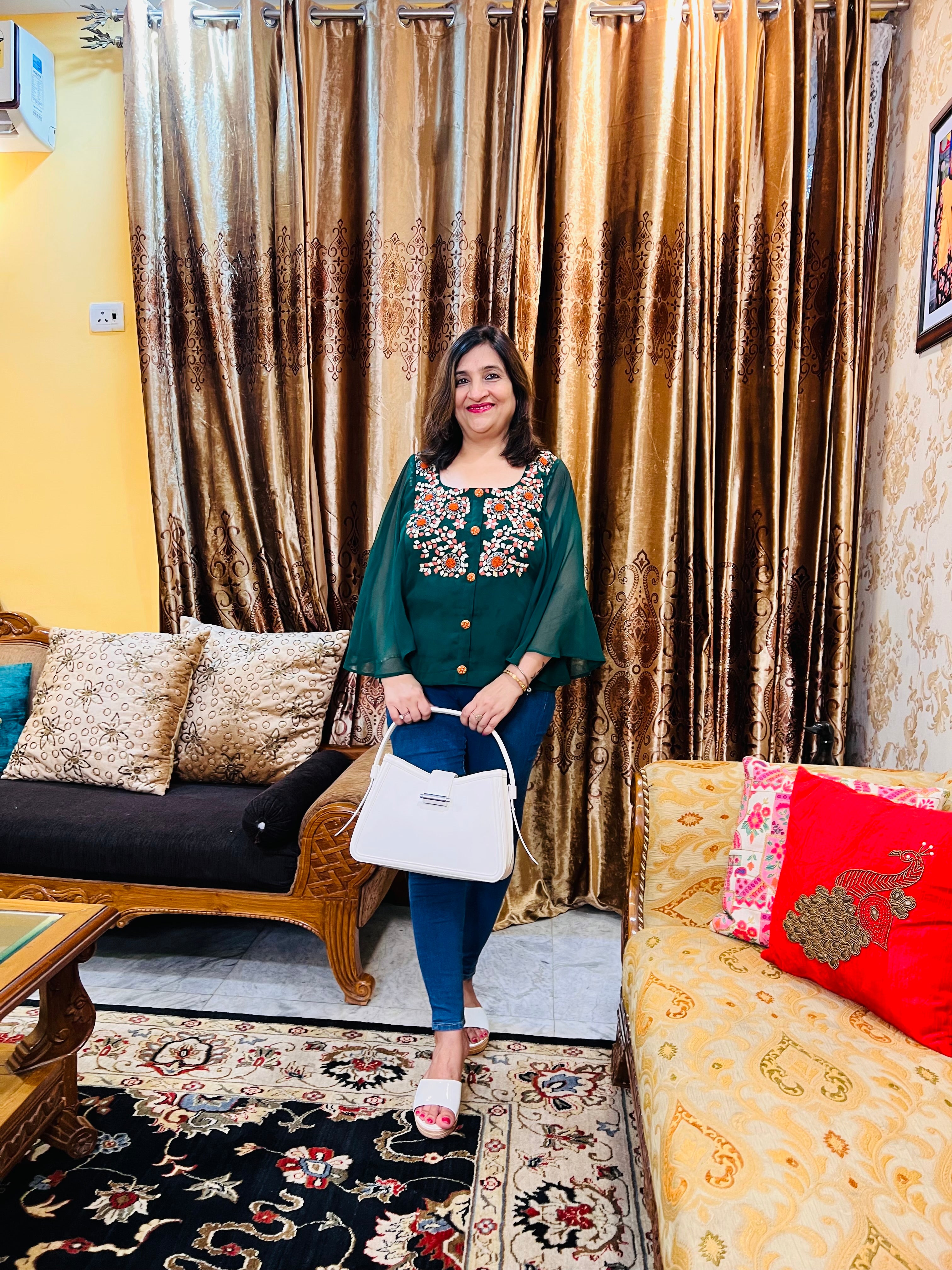 Bottle Green Floral Embroidered Top