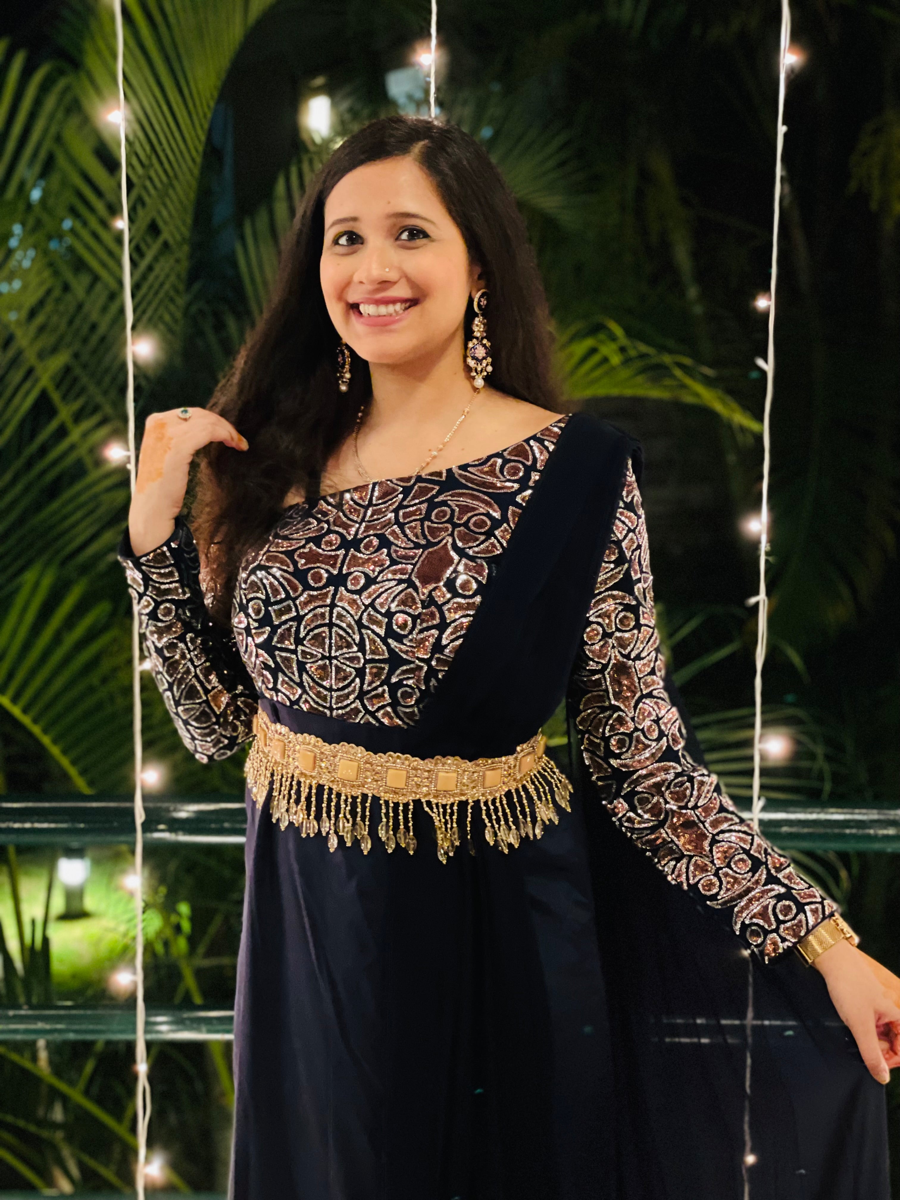 Navy Blue Sparkling Drape With Belt