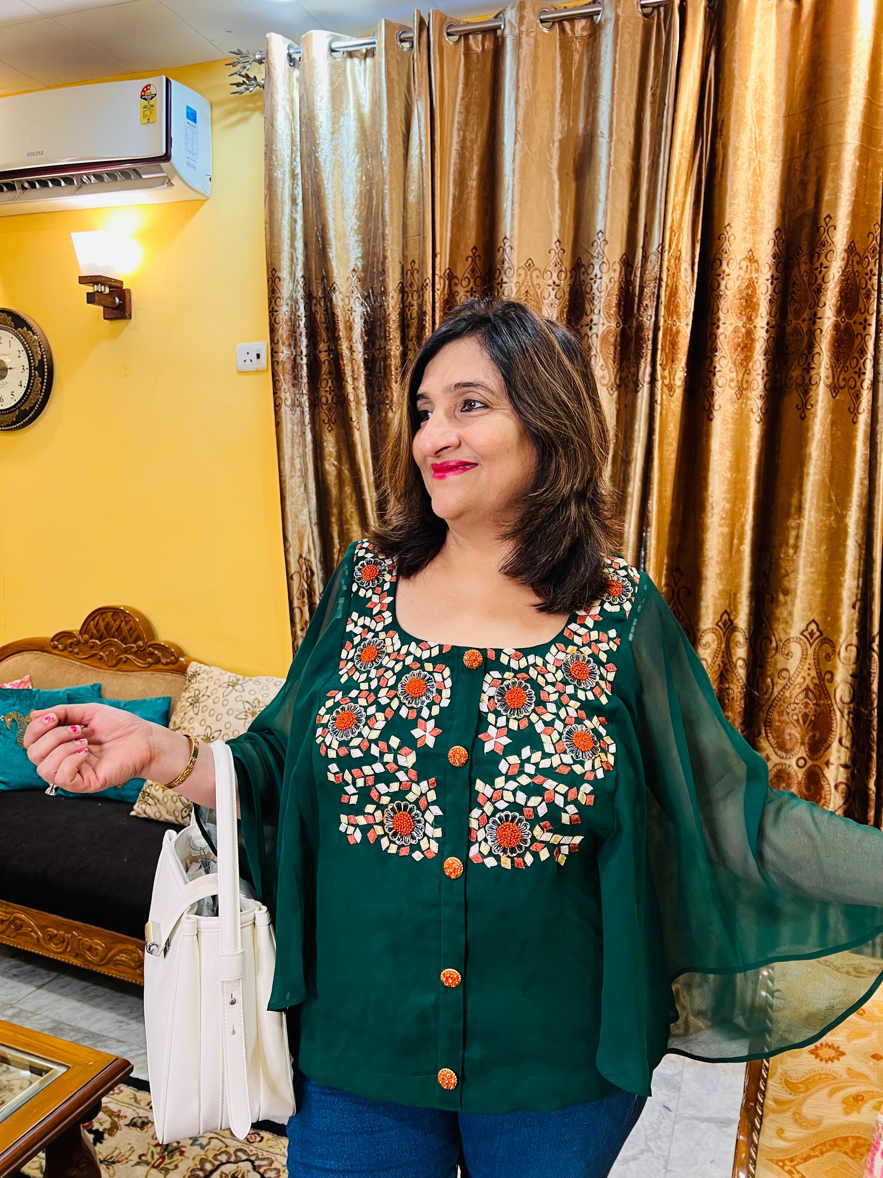 Bottle Green Floral Embroidered Top