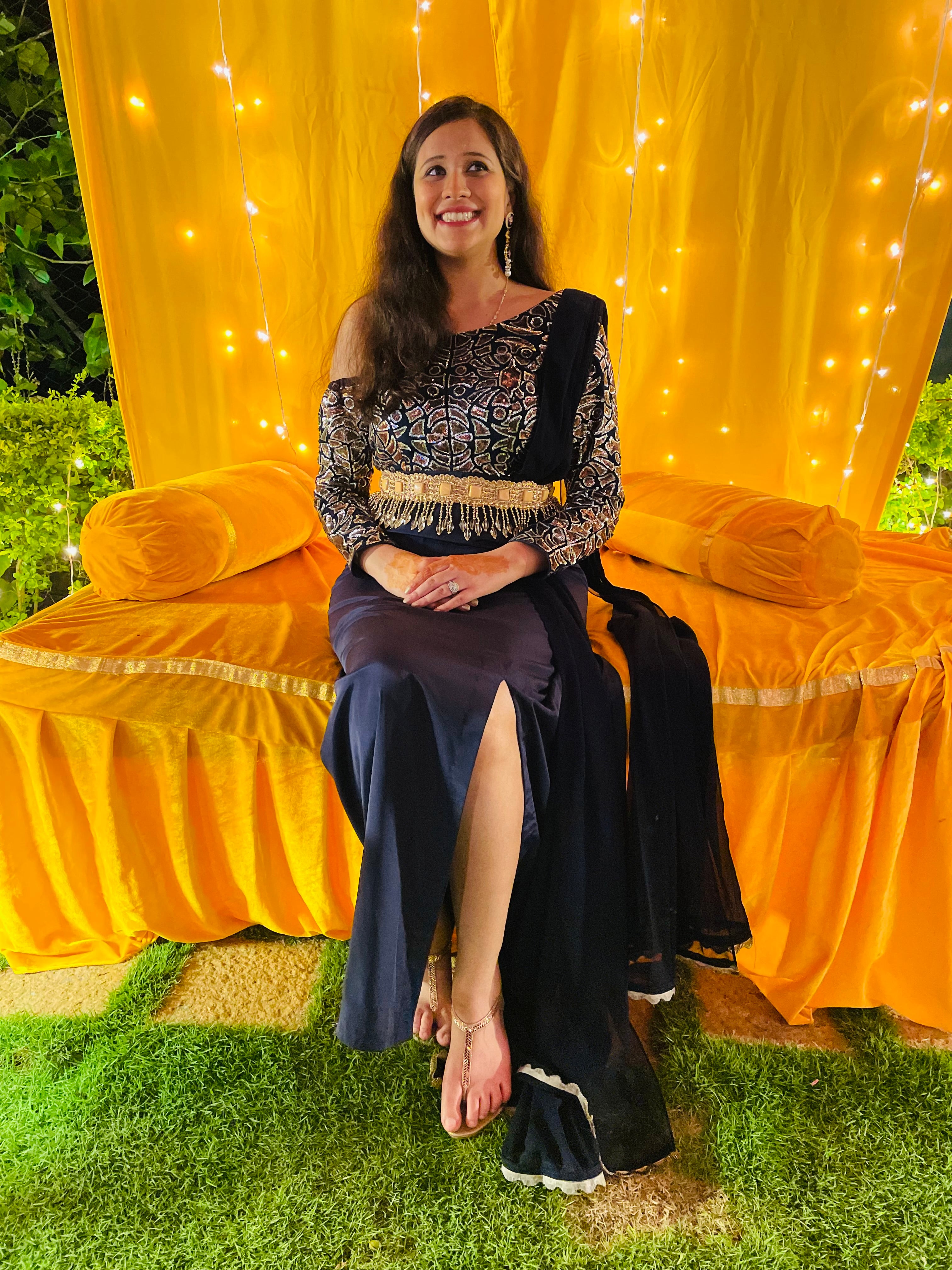 Navy Blue Sparkling Drape With Belt