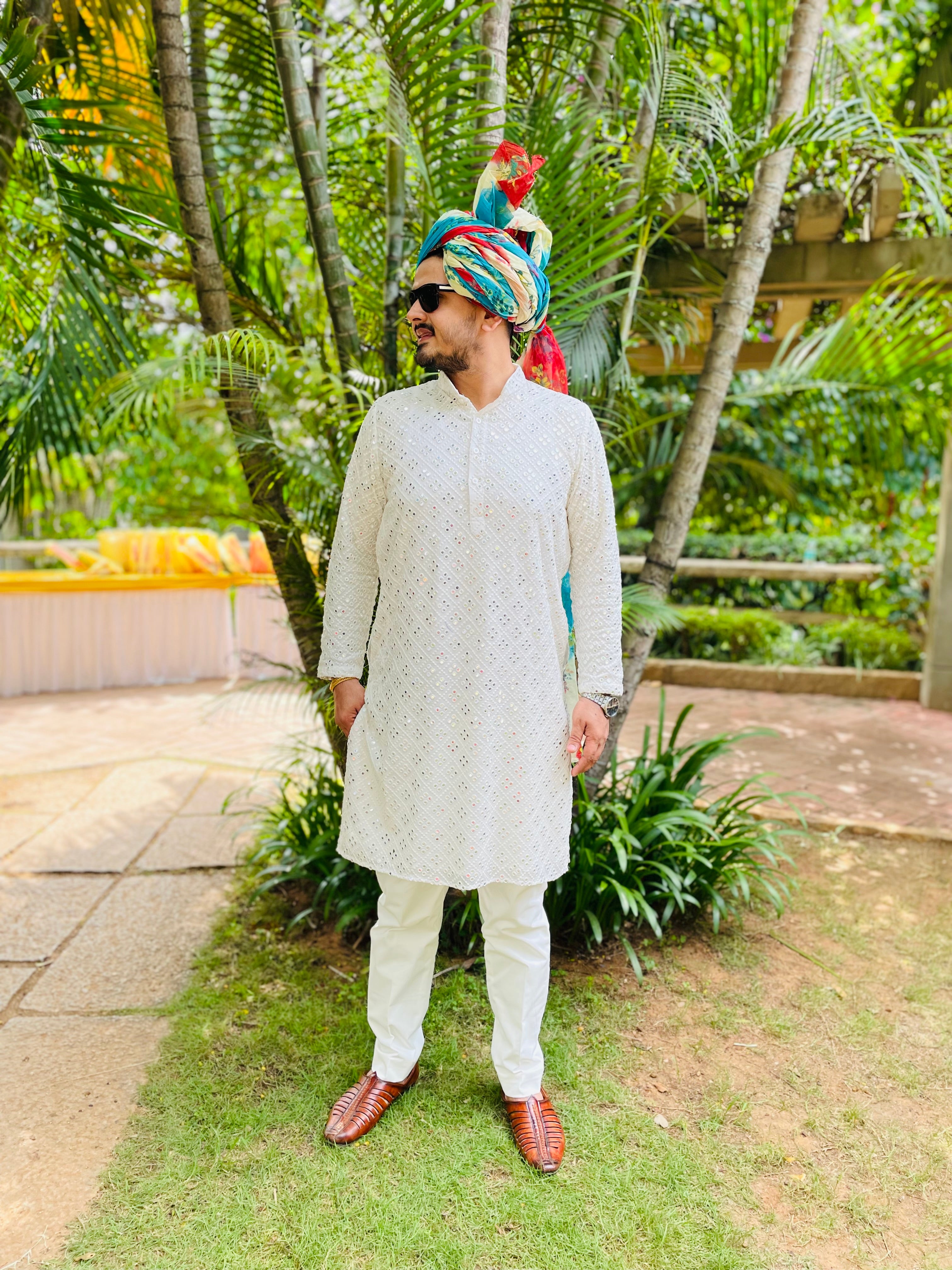 Menswear White Faux Mirror Kurta Set