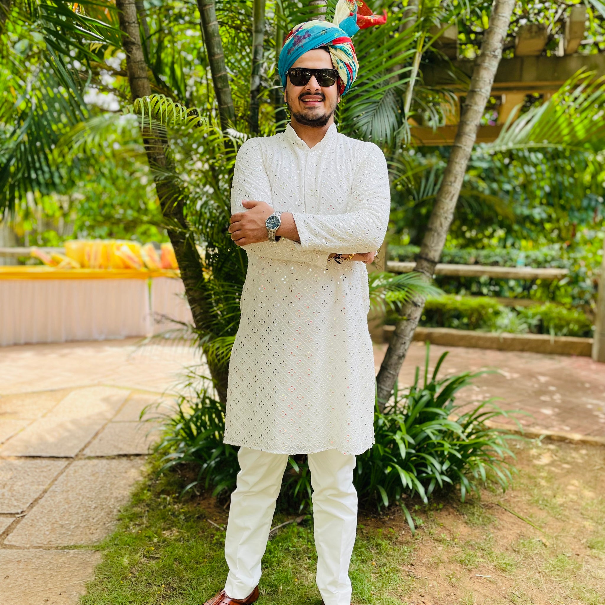 Menswear White Faux Mirror Kurta Set