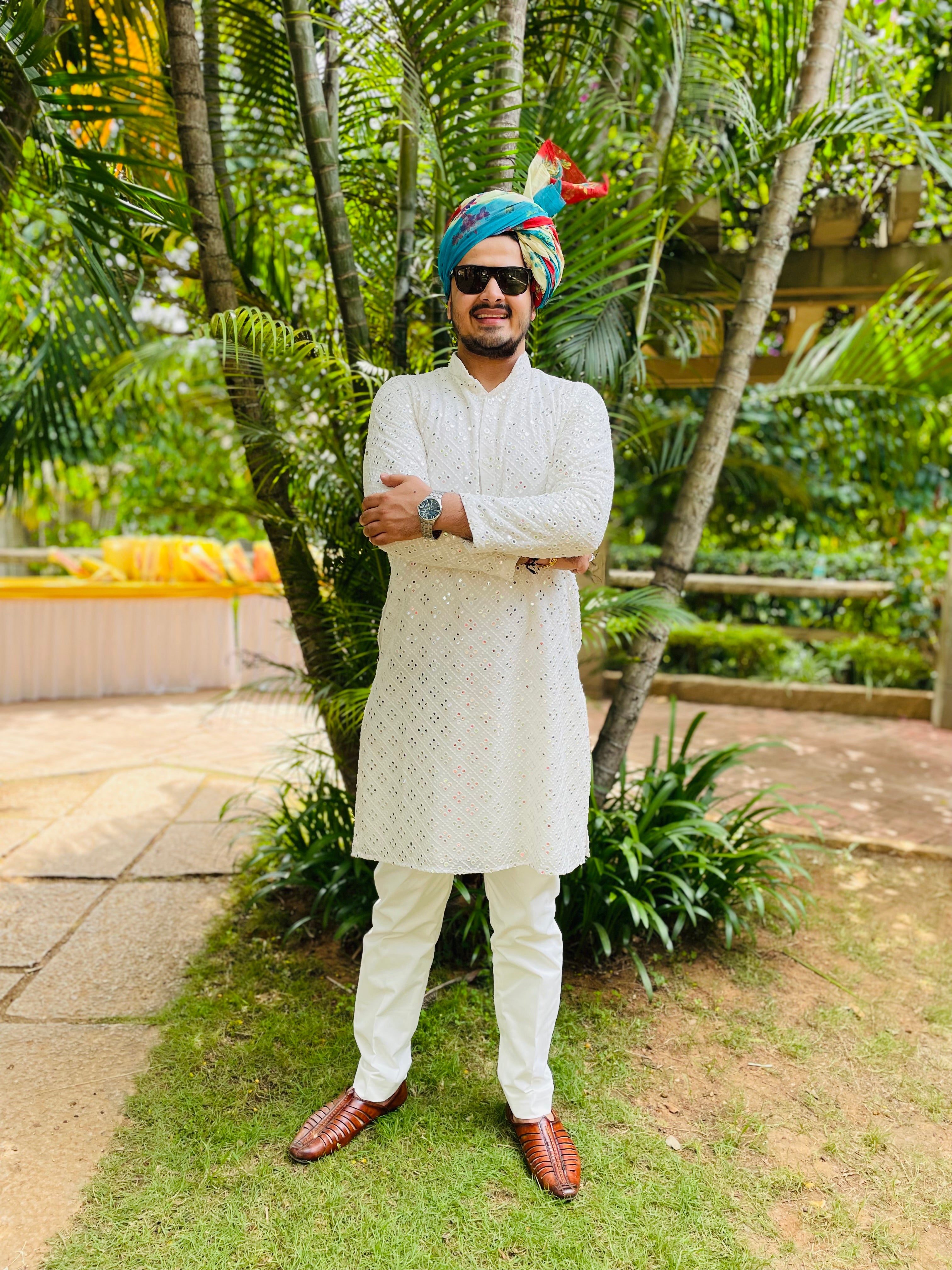 Menswear White Faux Mirror Kurta Set