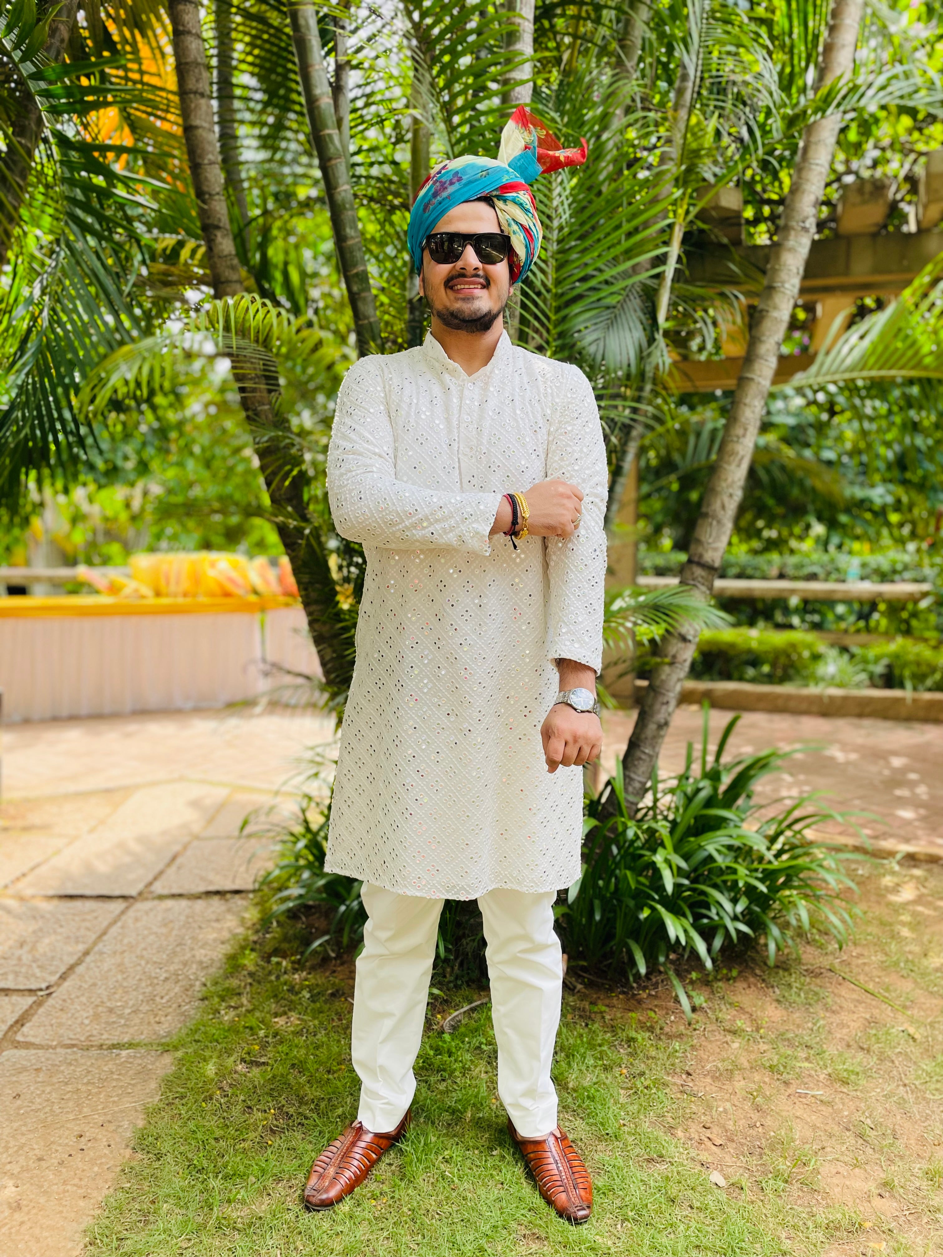 Menswear White Faux Mirror Kurta Set