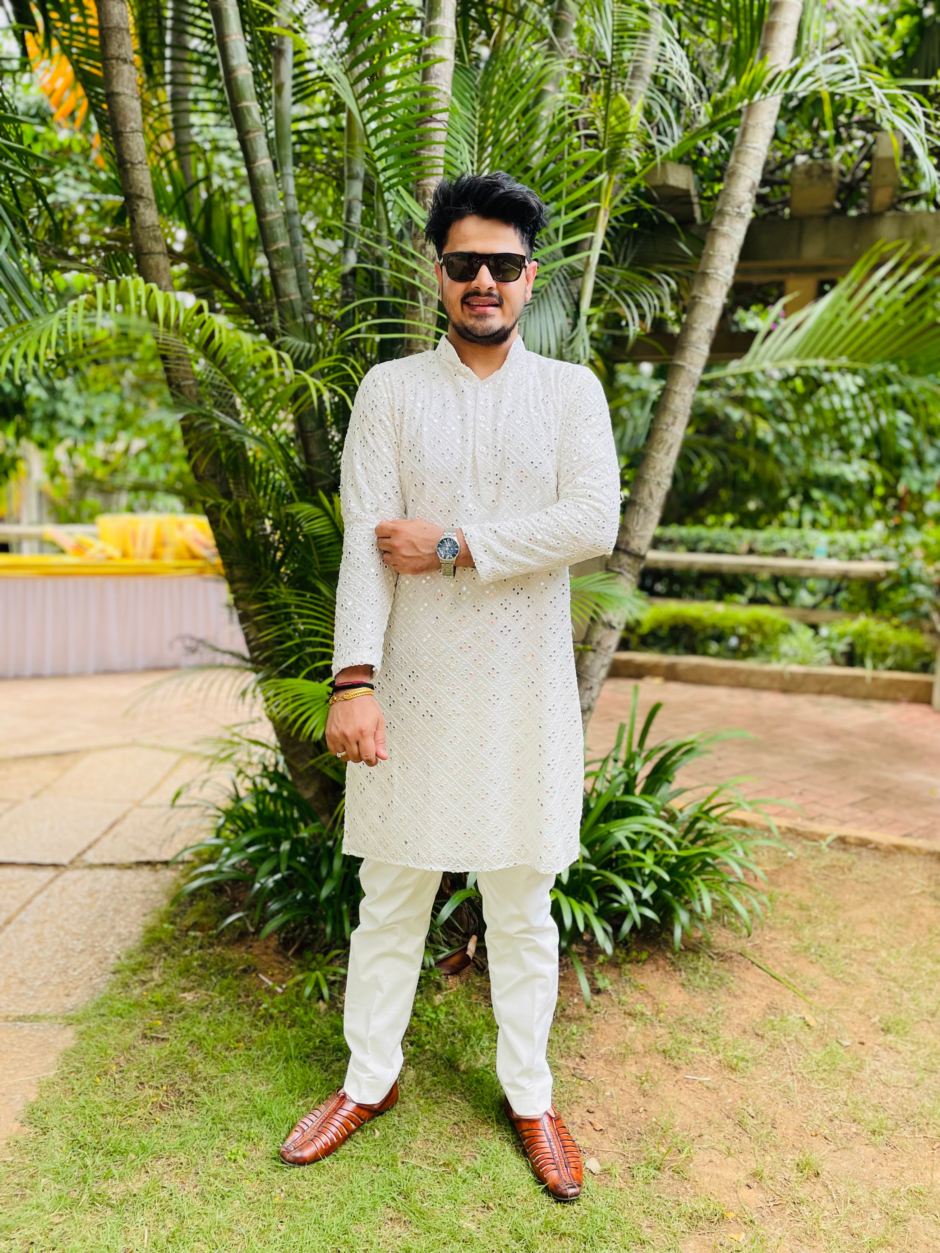Menswear White Faux Mirror Kurta Set