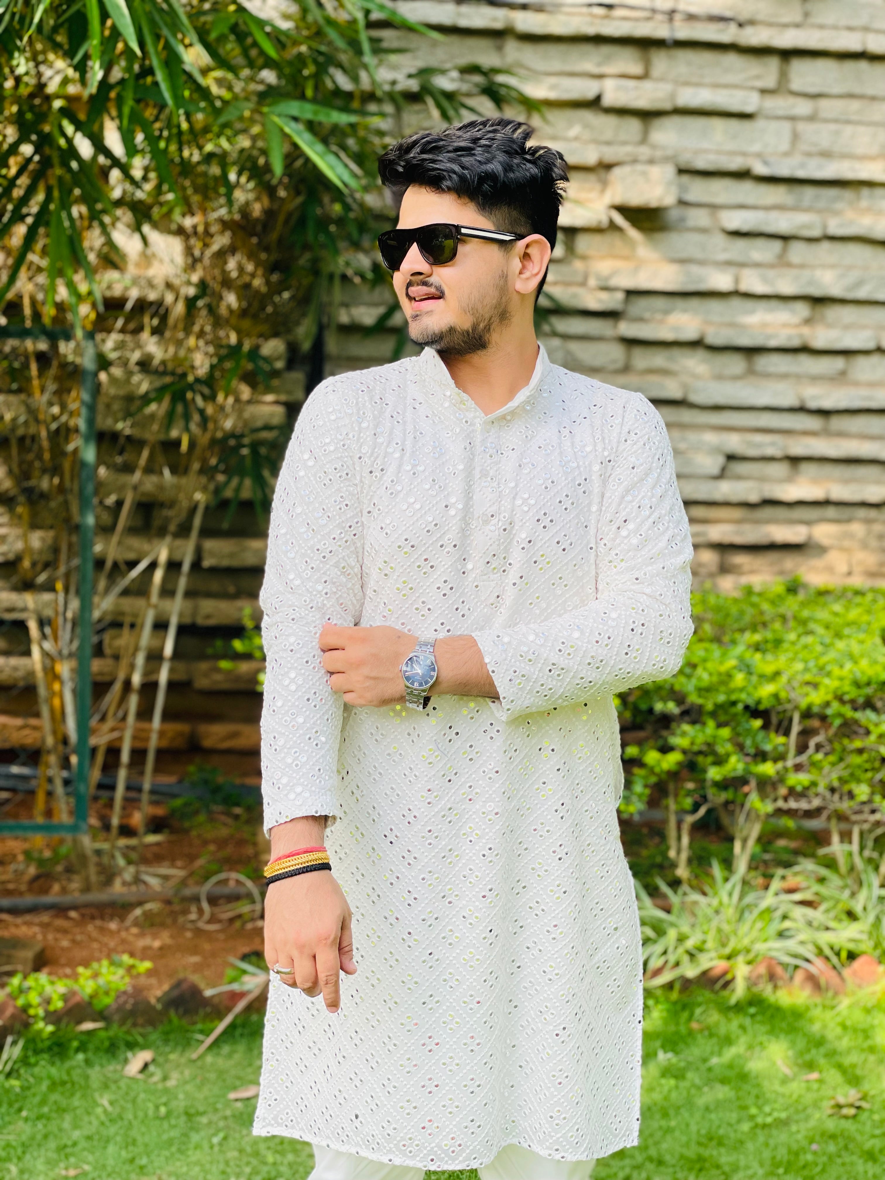 Menswear White Faux Mirror Kurta Set
