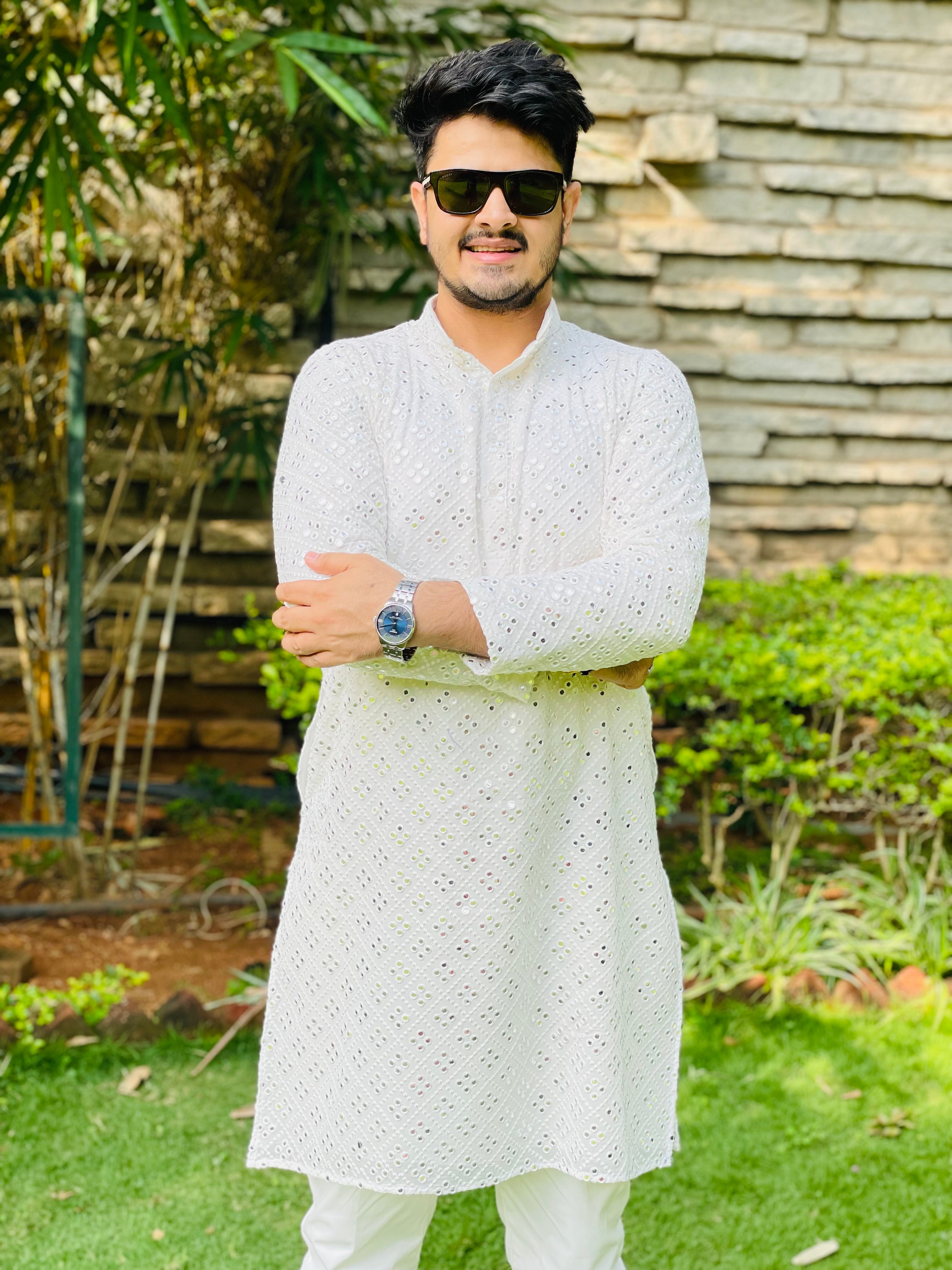 Menswear White Faux Mirror Kurta Set