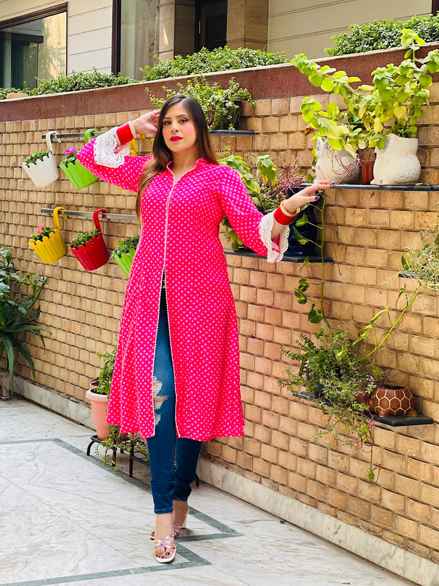 Hot Pink Velvet Bandhani kurti