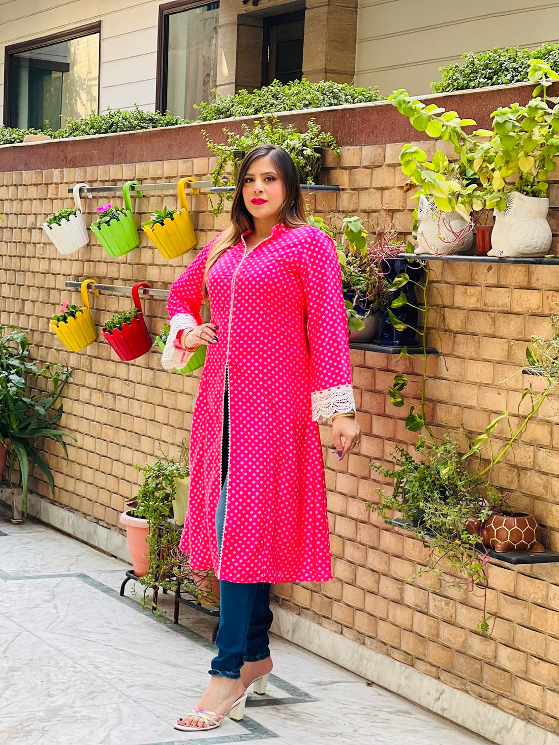 Hot Pink Velvet Bandhani kurti