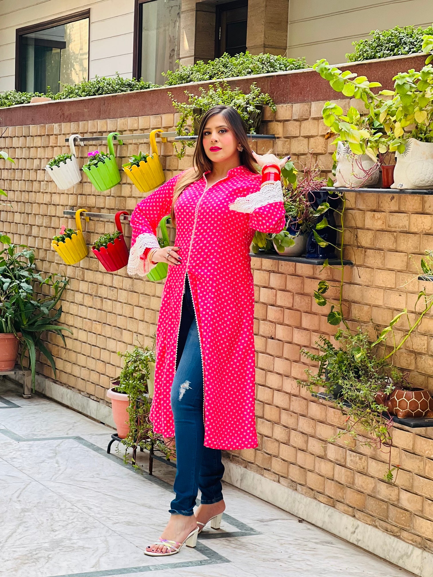 Hot Pink Velvet Bandhani kurti