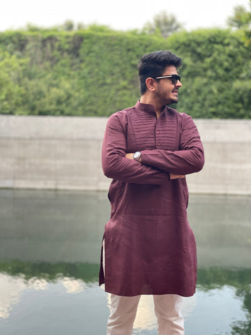 Menswear Wine Kurta With Pants