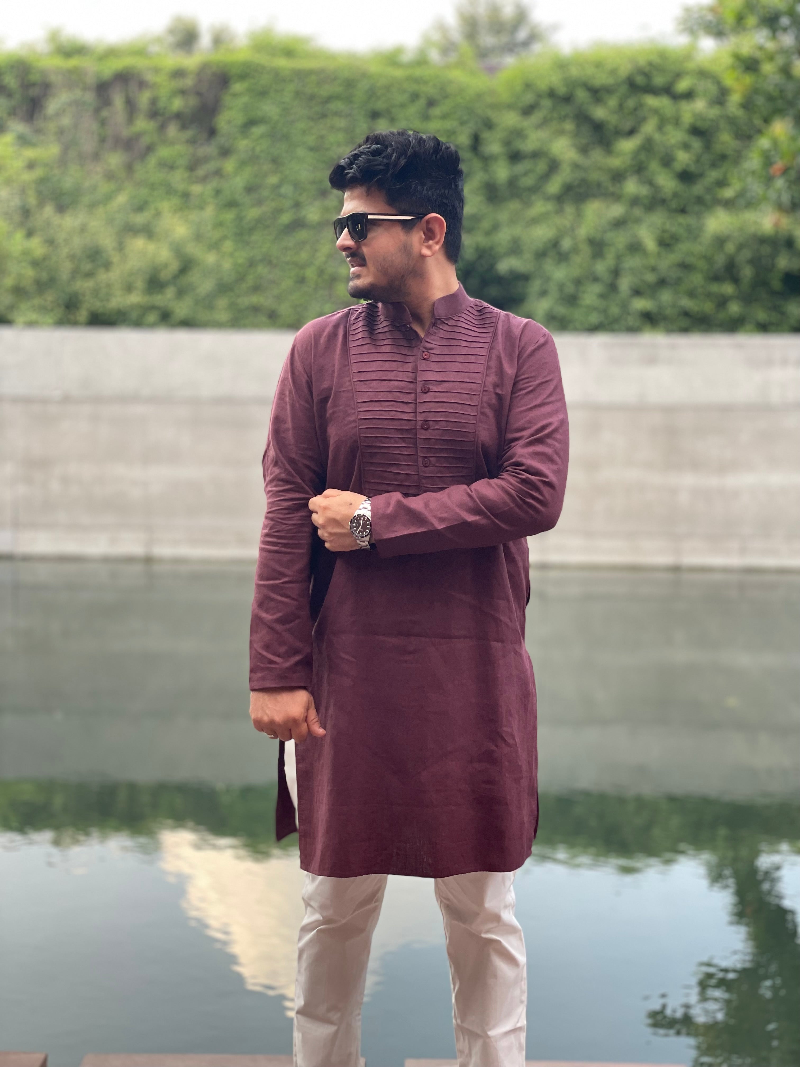 Menswear Wine Kurta With Pants