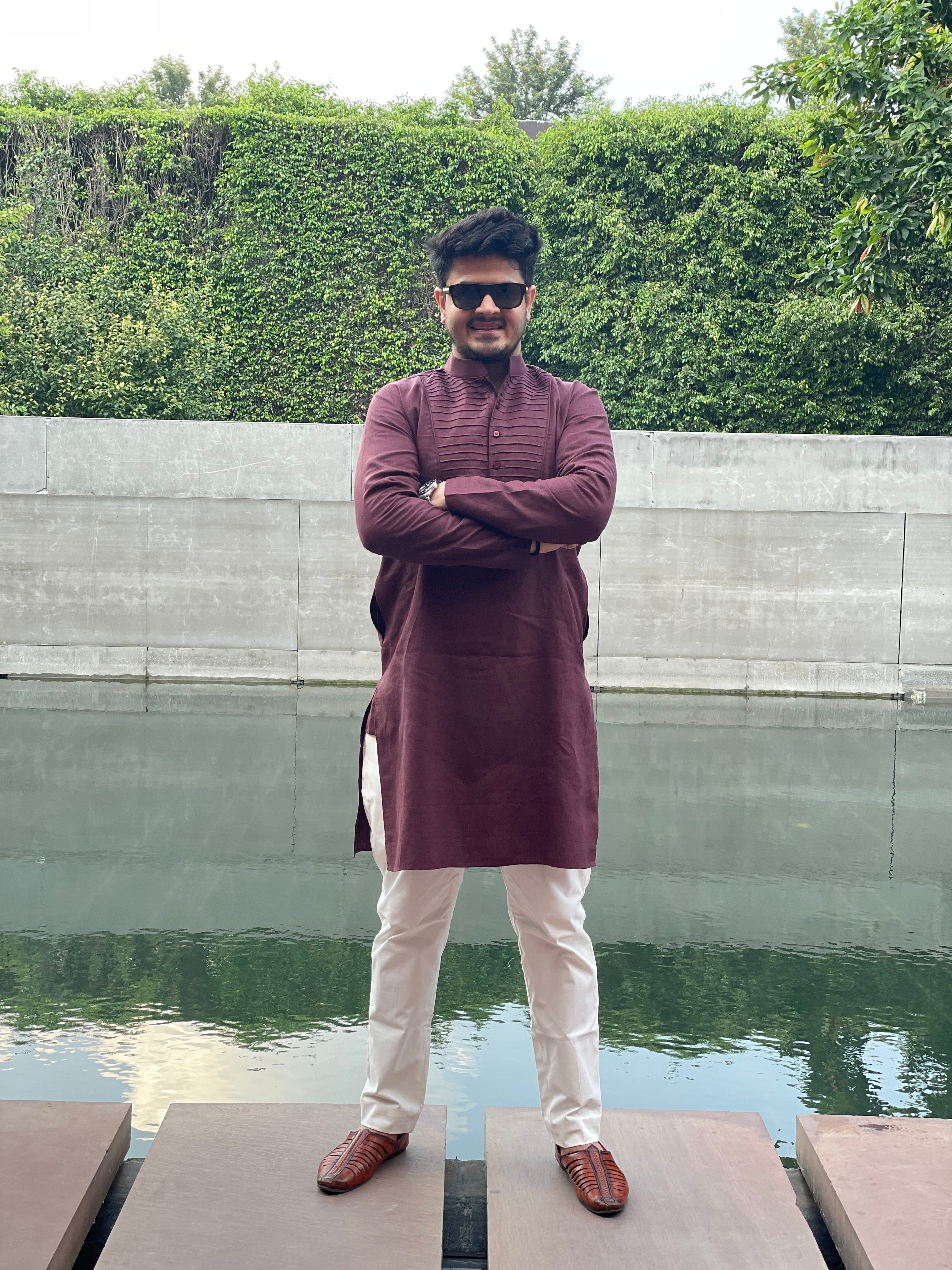 Menswear Wine Kurta With Pants