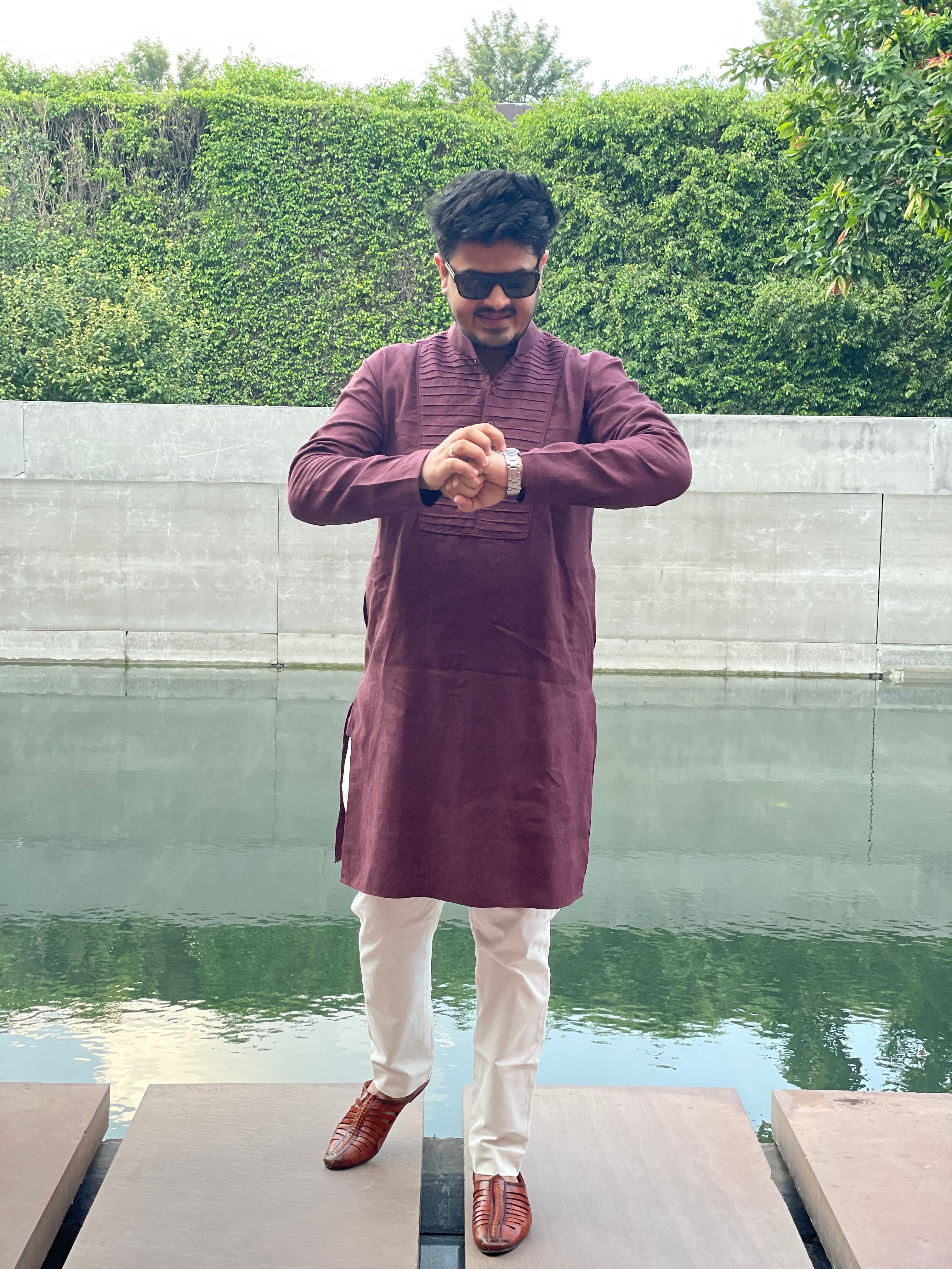 Menswear Wine Kurta With Pants