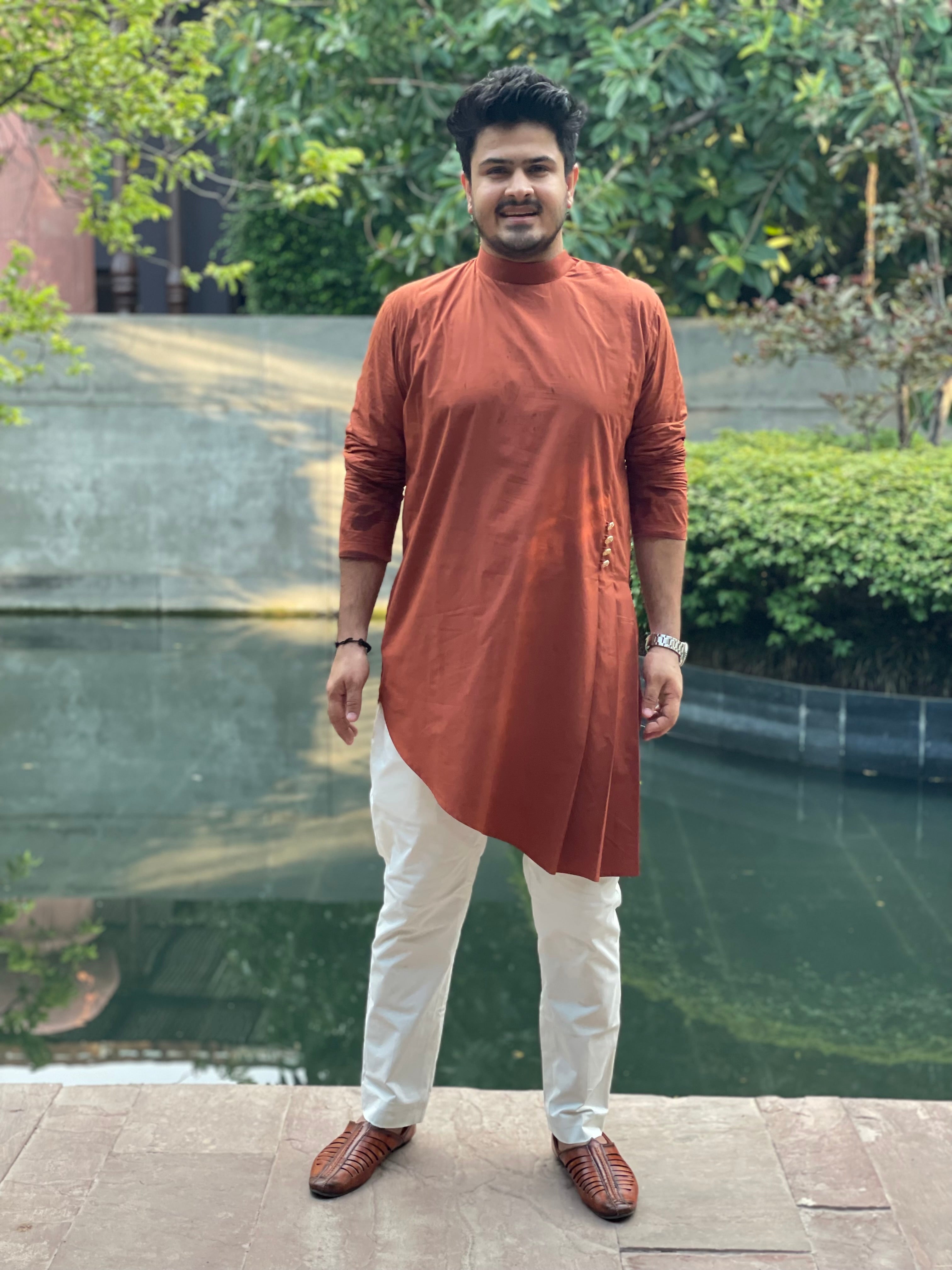 Menswear Rust Kurta With Pants