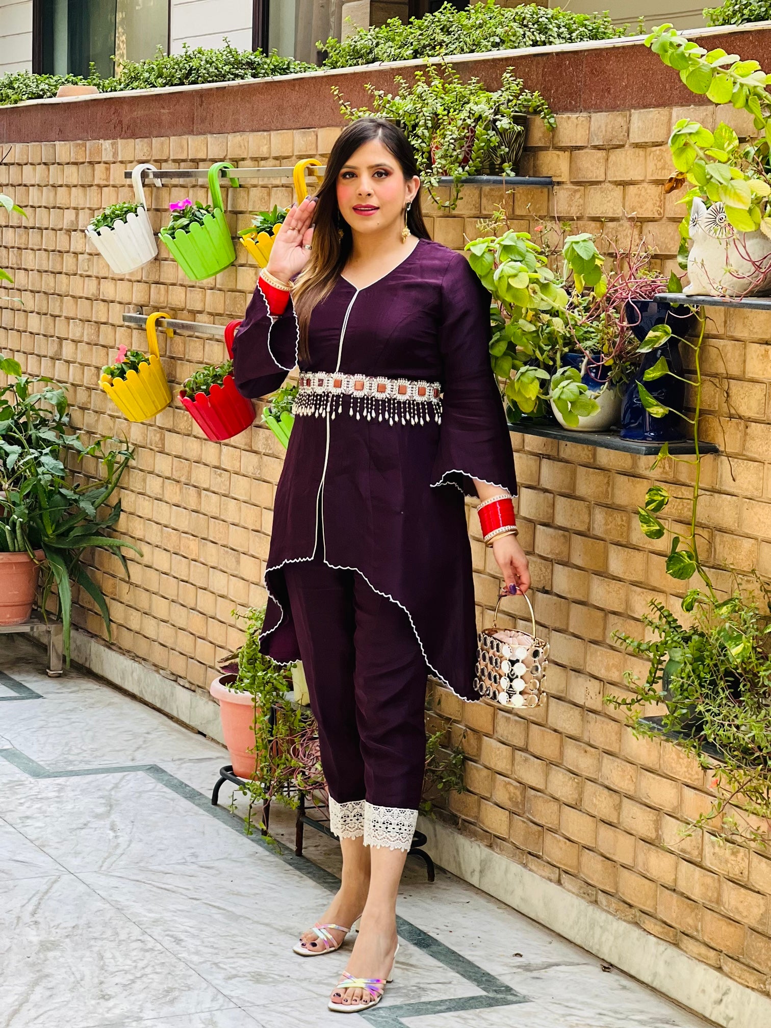 Wine Scallop Co-Ord With Belt
