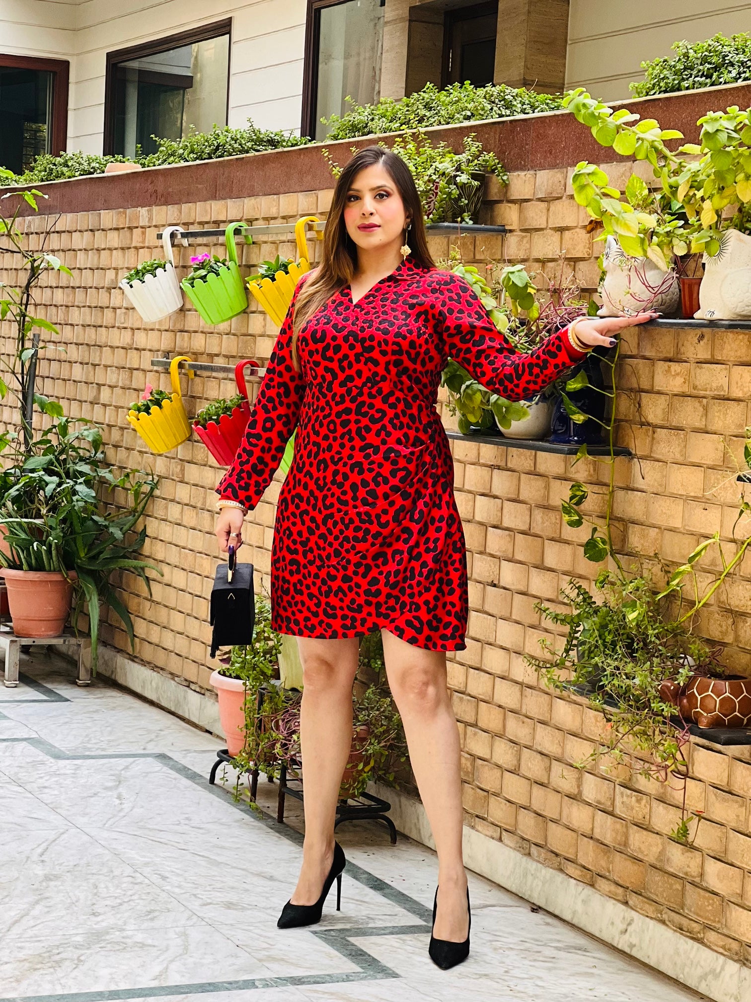 Red Cheetah Drape Shirt Dress