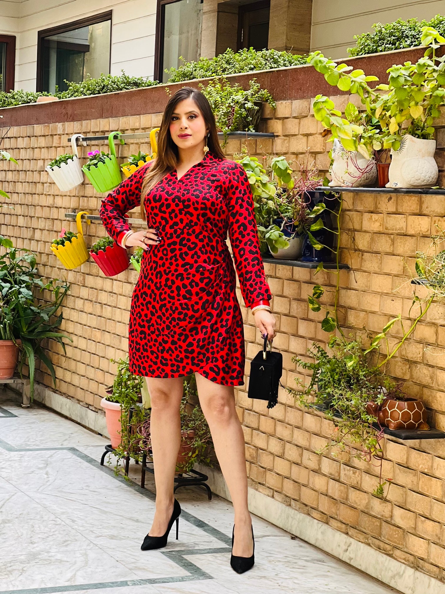 Red Cheetah Drape Shirt Dress