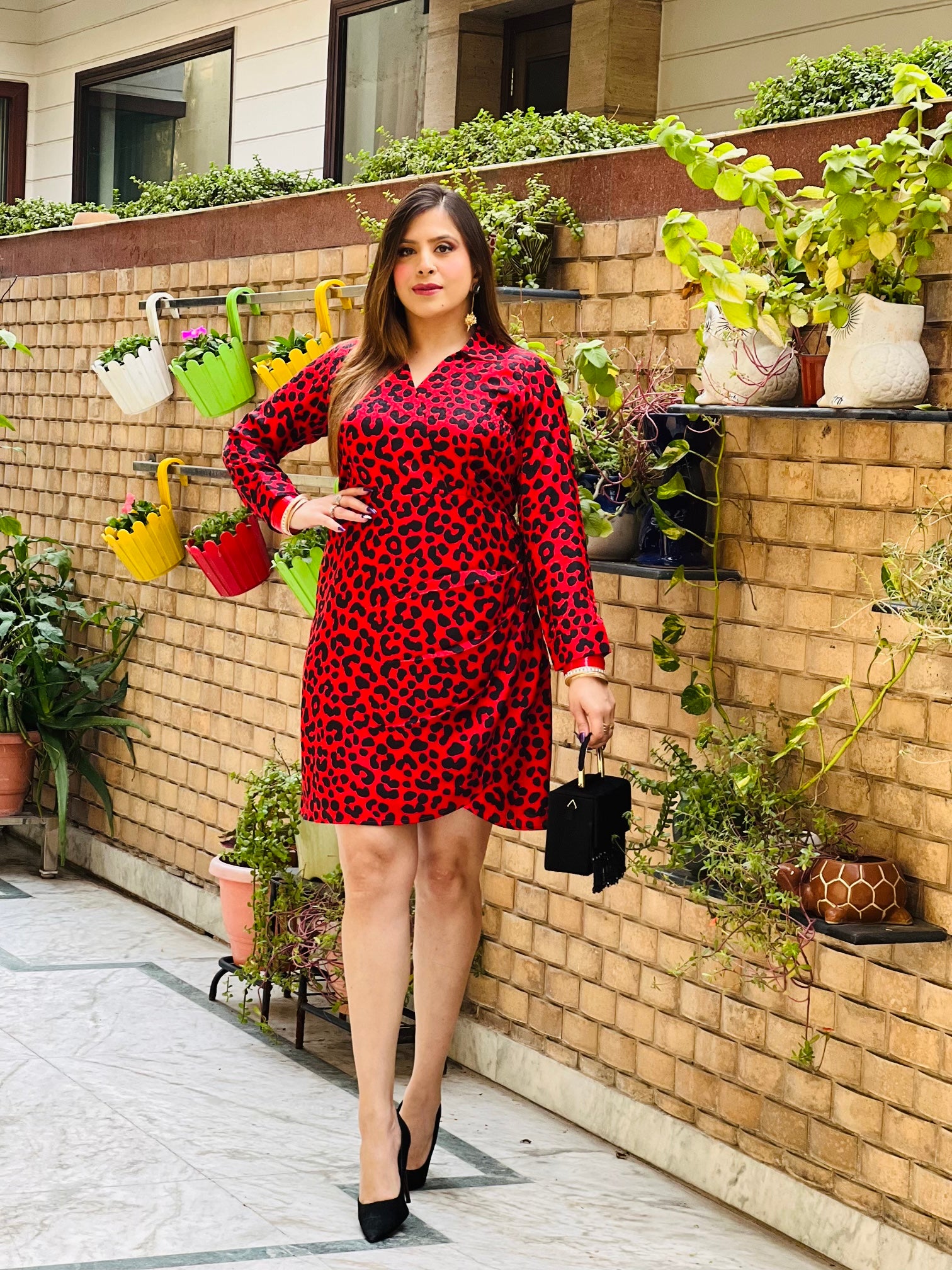 Red Cheetah Drape Shirt Dress