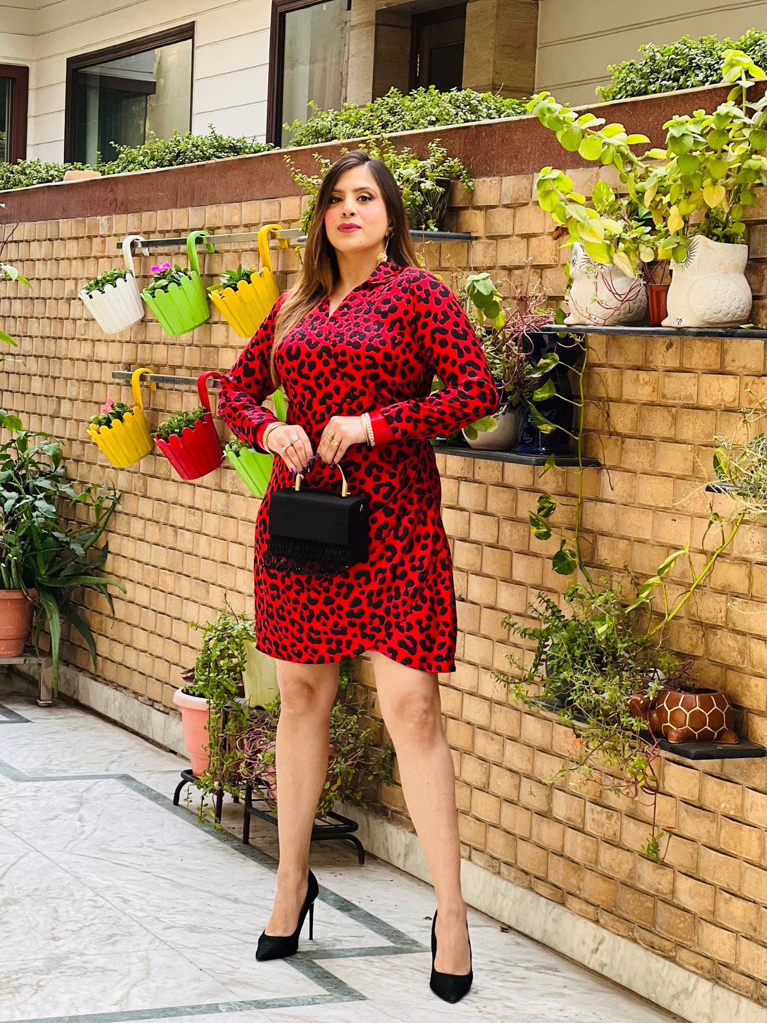 Red Cheetah Drape Shirt Dress