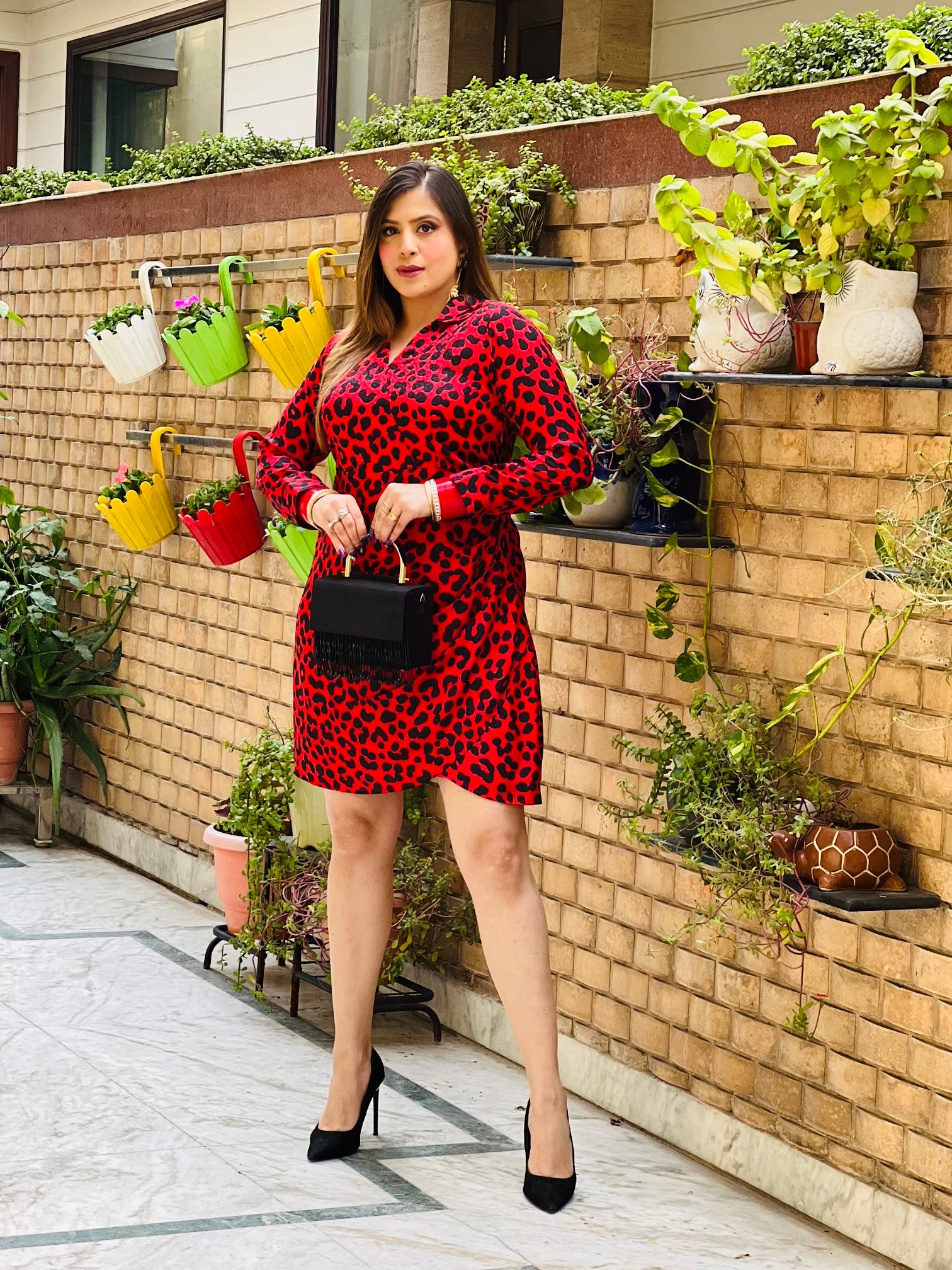 Red Cheetah Drape Shirt Dress