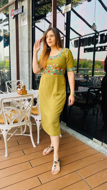 Olive Embroidered Midi